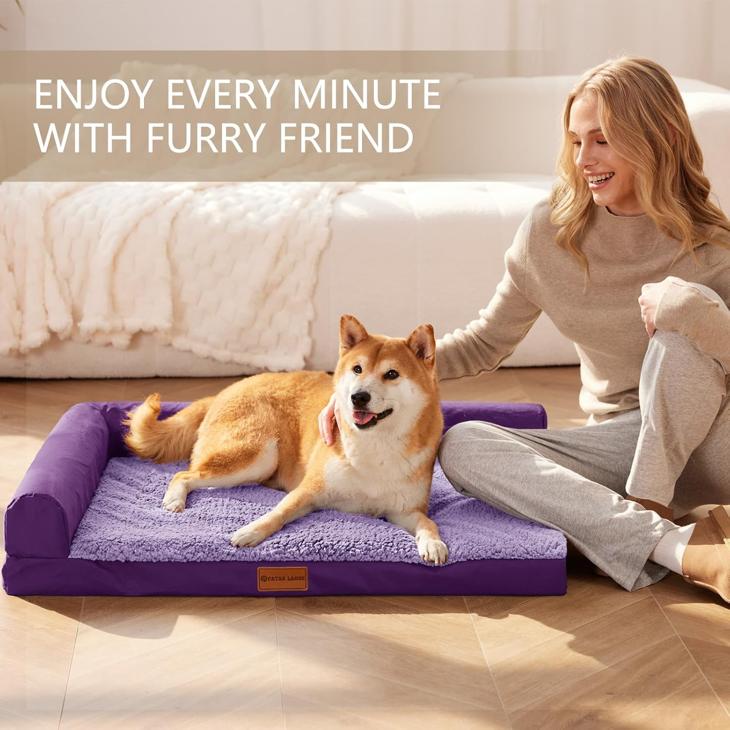 Patas Lague Orthopedic Dog Bed for Medium Dogs 76X51Cm, Waterproof L Shaped Medium Dog Sofa Beds with Removable Washable Cover, Soft Pet Couch Bed Mat with Nonskid Bottom, Purple image number 4