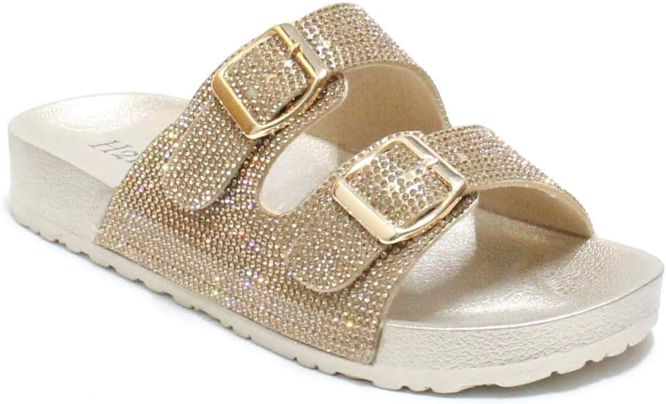 H2K Womens Glitter Double Buckle Adjustable Comfort Slip on Slides Sandals Espen
