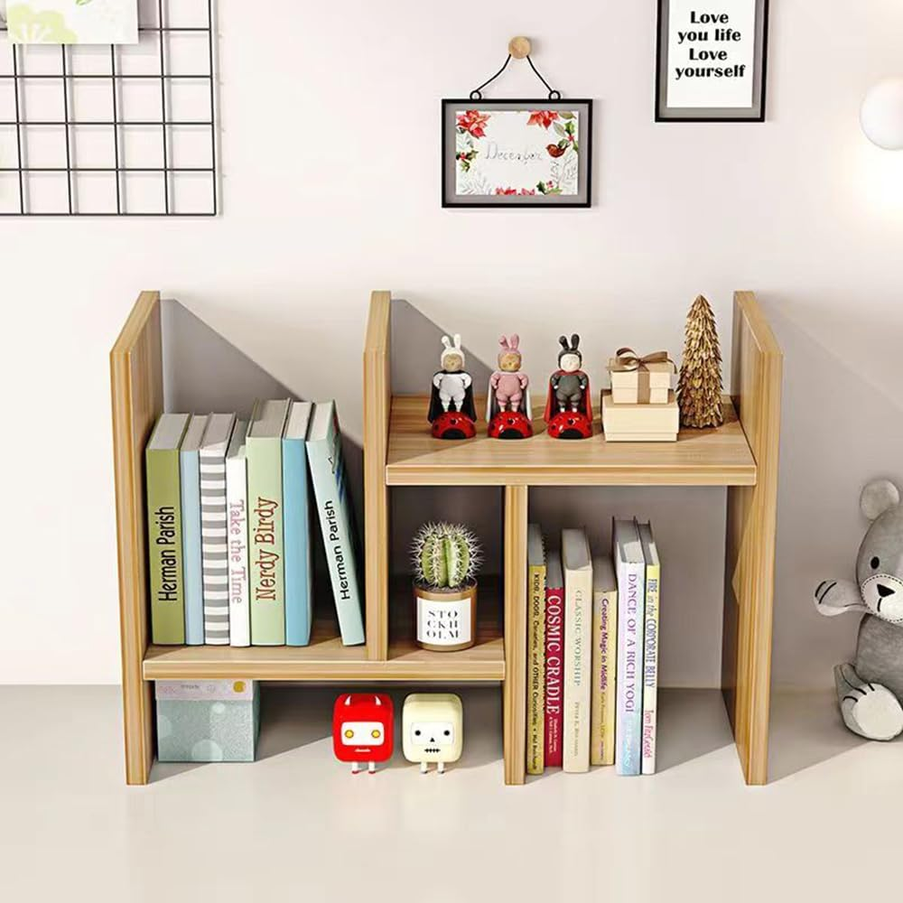 Hbluefat Desktop Organizer Office Storage Rack,Small Adjustable Wood Display Shelf, Expandable Desk Bookshelf, Mini Countertop Bookcase (Light Walnut) image number 1