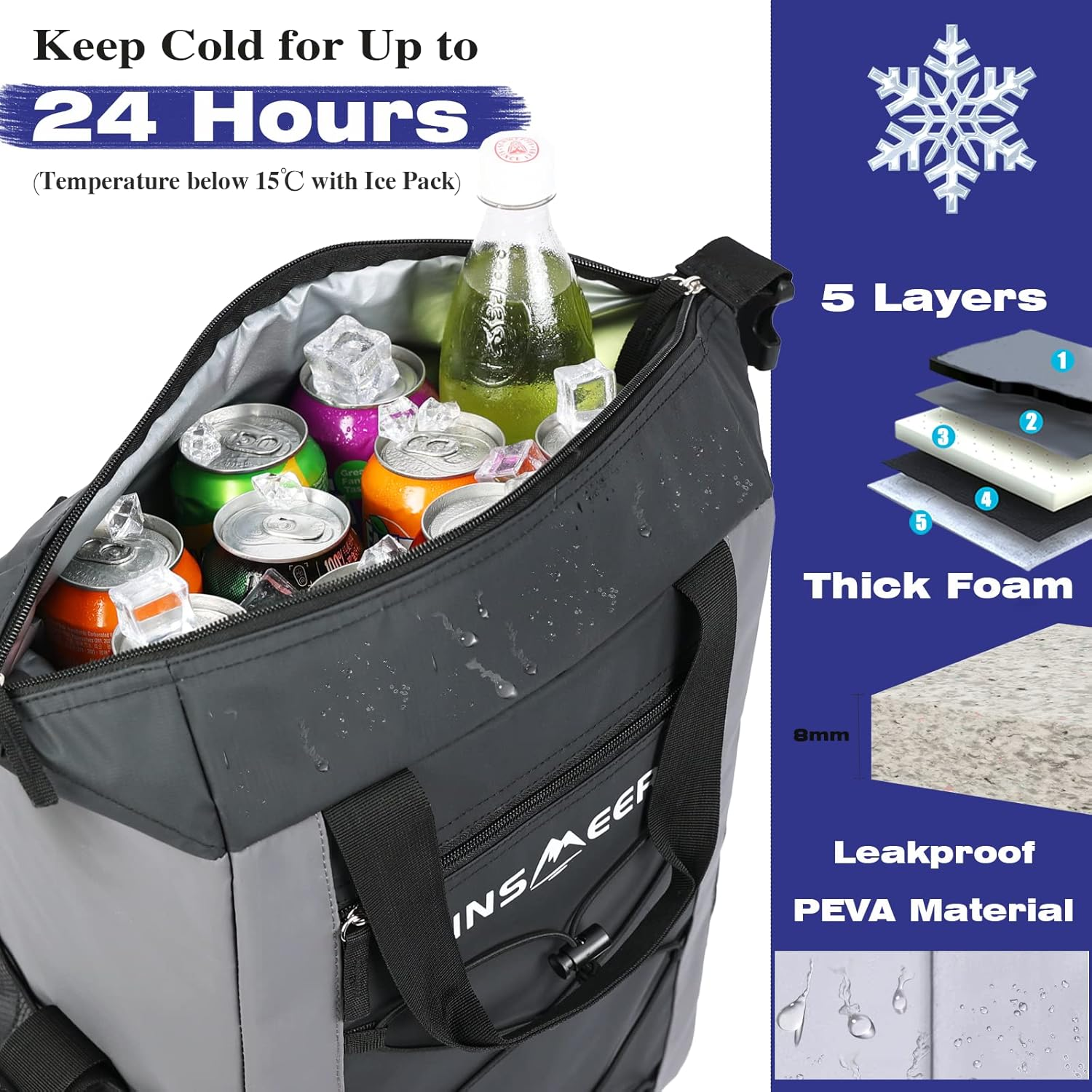 INSMEER Cooler Backpack, 36 Can Leakproof Cooler Bag with 2 Compartments/Bottle Opener/Comfort Shoulder Pad/Elastic Rope for Blanket, 25L Lightweight Soft Backpack Cooler Camping Hiking image number 5