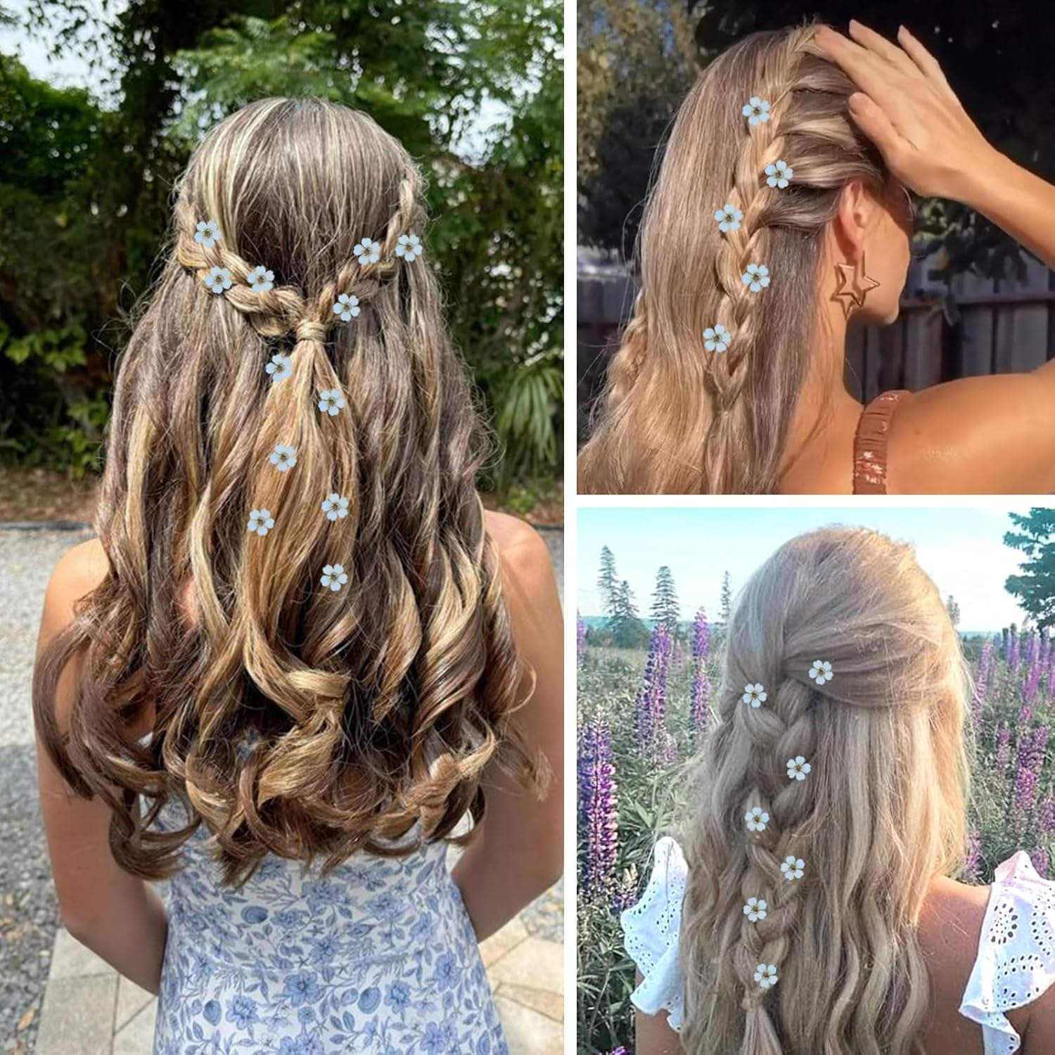 Mezrkuwr 10 Pieces Blue Mini Crystal Flower Hair Clips Summer Beach Braid Hair Accessories for Women Claw Clips Hair Claws Hair Clips Hair Clips for Party Wedding Beach image number 2