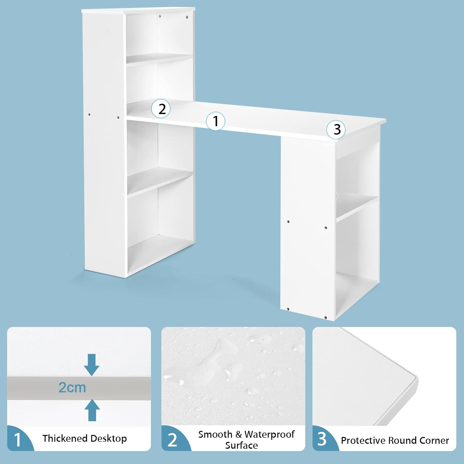 Giantex Reversible Computer Desk with Bookshelf, Writing Study Workstation W/Storage Shelves & CPU Stand, Modern Computer Table W/Large Desktop for Home & Office, Space-Saving Design (White) - Type 6 White image number 2