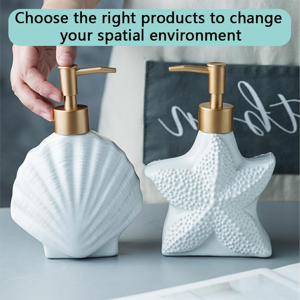 HYAVIA 2 Pack Nordic Ceramic Lotion Bottles, Refillable Soap Dispenser Set with Golden Pump, Shell & Starfish Design for Bathroom D&eacute;cor, Shampoo, Conditioner & Body Wash, 18&times;12Cm image number 1