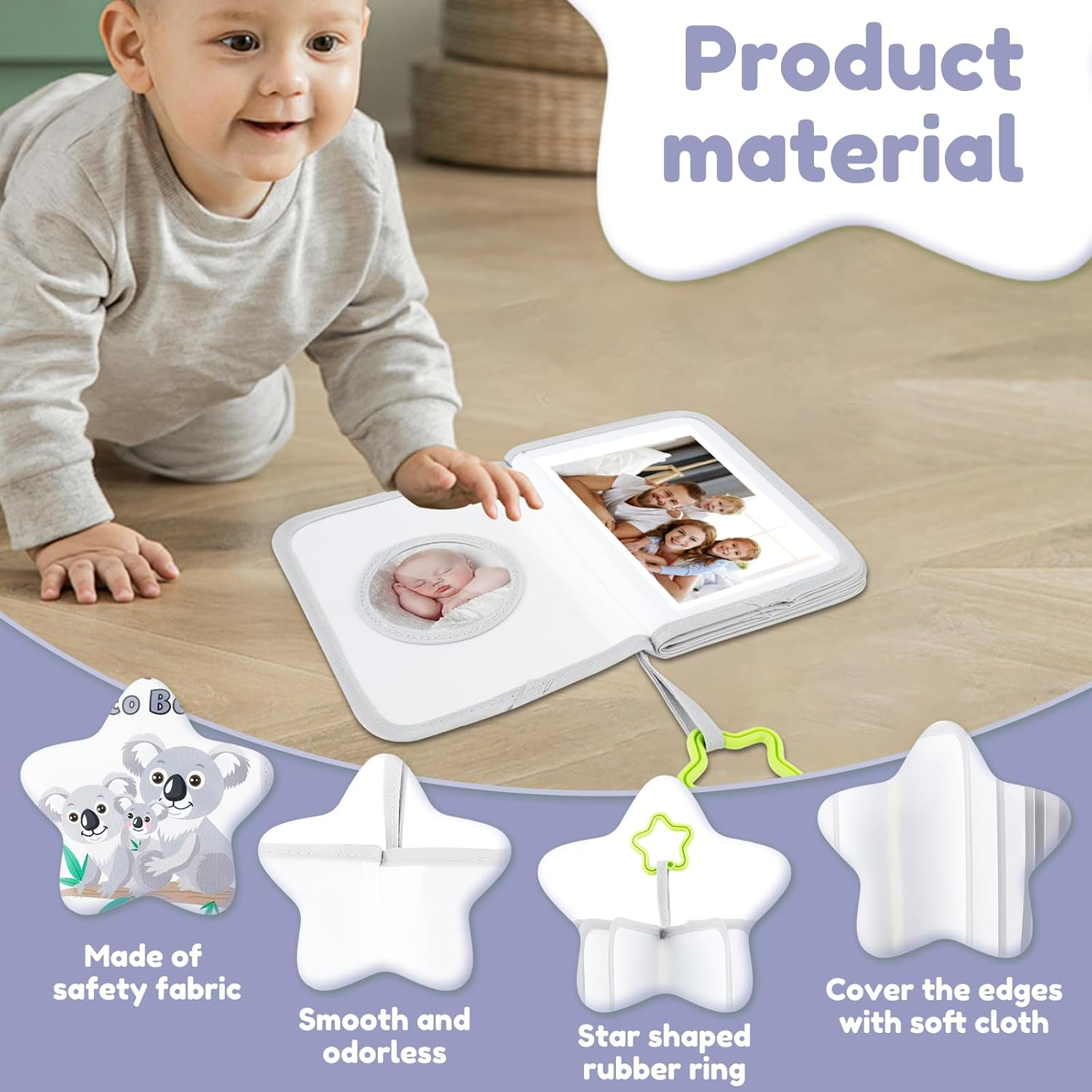 Djapwpx-Soft Cloth Photo Book, Cloth My First Photo Book, Free Illustration Baby Photo Album with Plastic Star Hook, inside Smooth Page First Year Memory Album, Safe Photo Album for Baby (Grey) - Blue image number 6