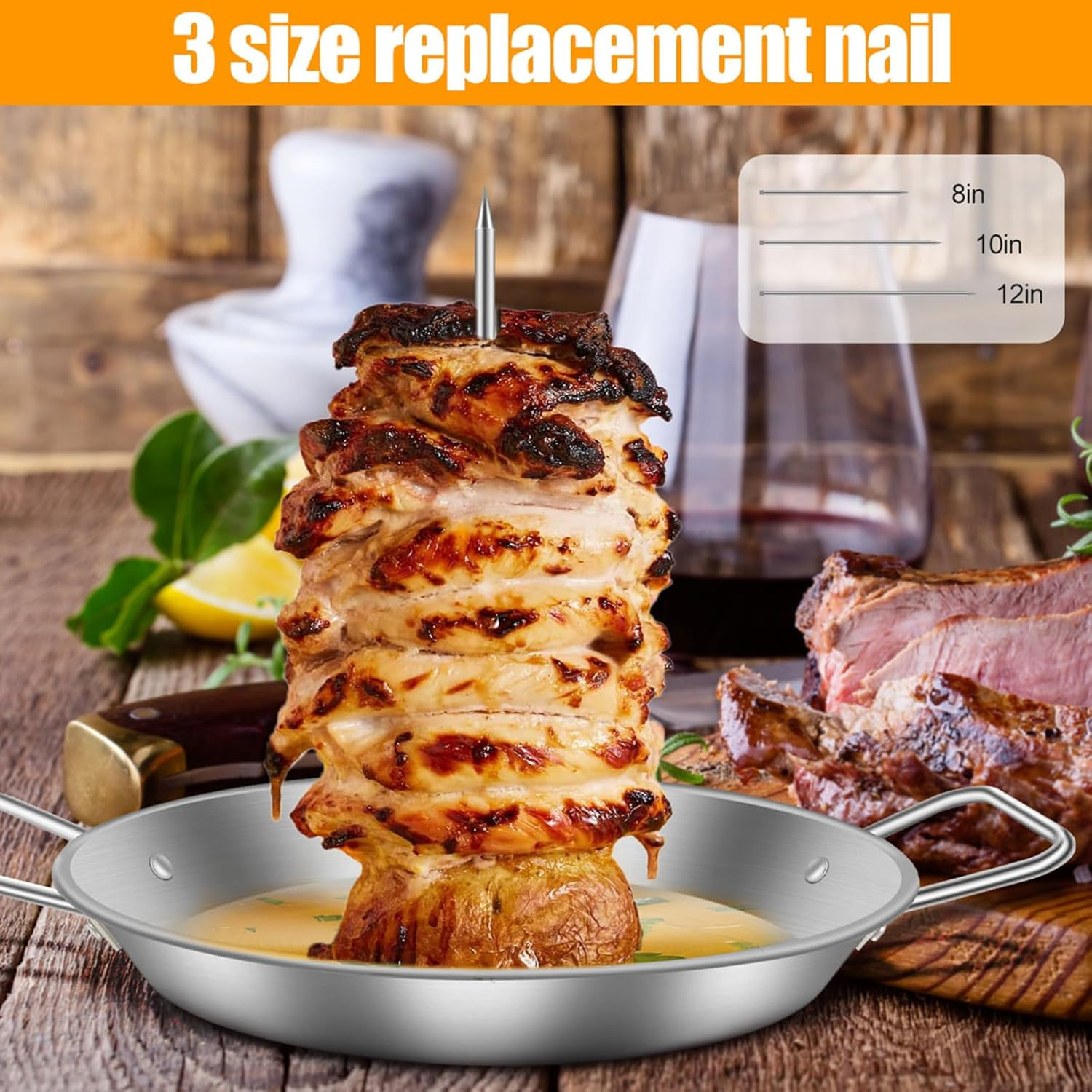 Vertical Skewer Grill, Stainless Steel Al Pastor Skewer with 3 Removable Spikes 8/10/12 Inch Oil Brush, Reusable Vertical Barbecue Rack, Shawarma Kebabs Smoker Oven BBQ Dishes image number 2