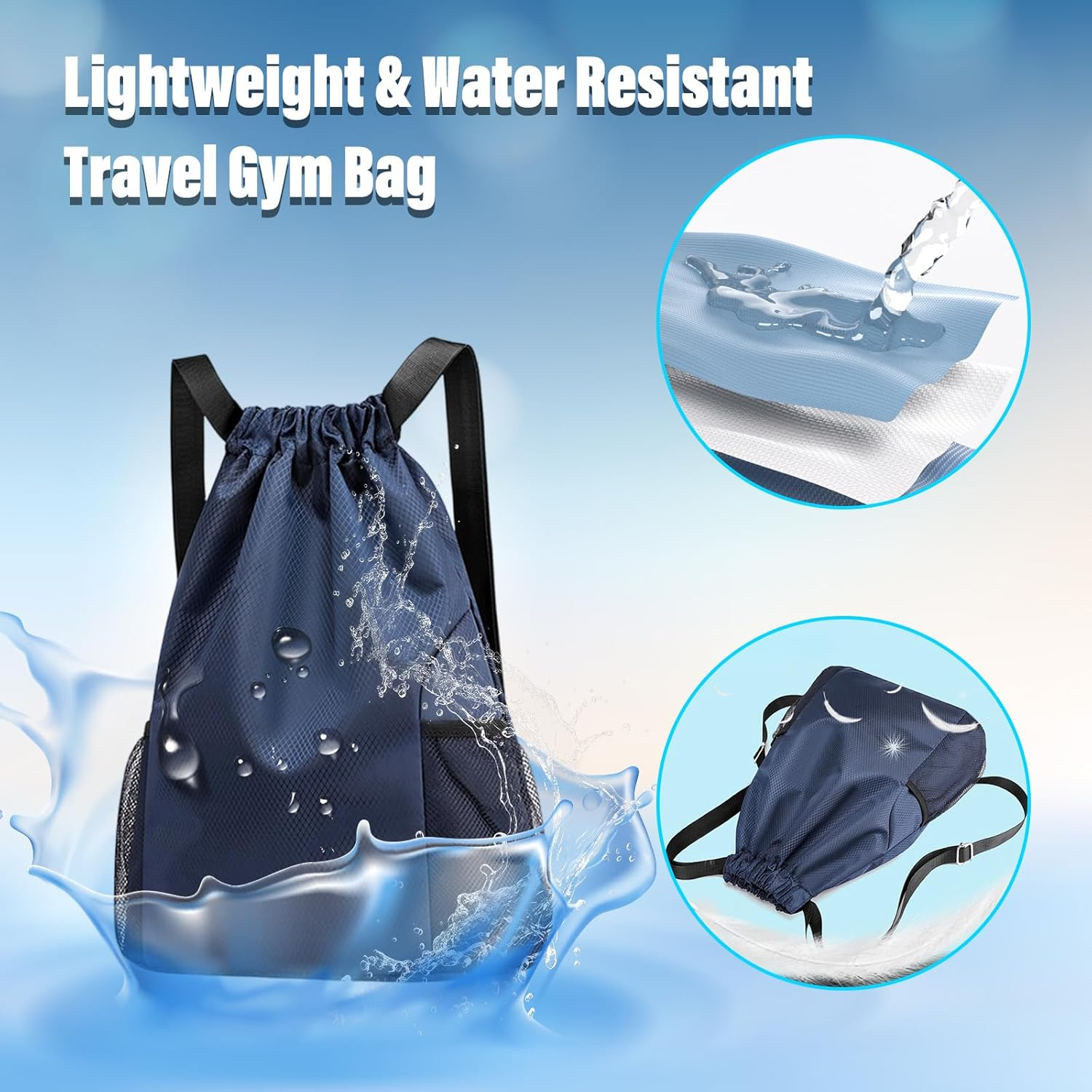 Drawstring Backpack, Water Resistant Lightweight Drawstring Bag with Inner Pocket, Side Mesh Pockets, for Women Men Sports Basketball Travel Camping - Black image number 7