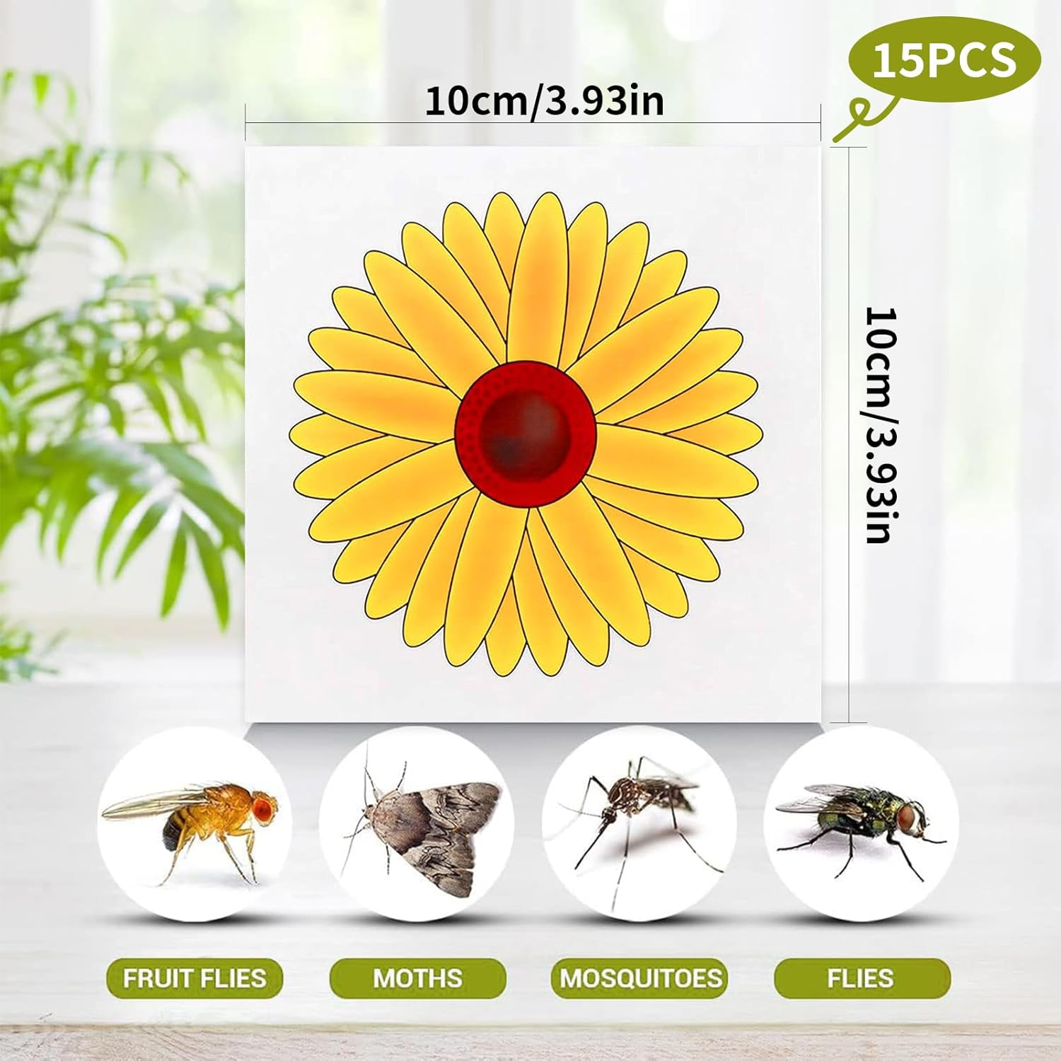 Zalizr 15 Pack Window Fly Paper, Indoor Sticky Fly Tape, Plant Gnat Bug Traps, Sunflower Decoration Design for Fruit Flies, Moths, Mosquitoes - Yellow image number 4