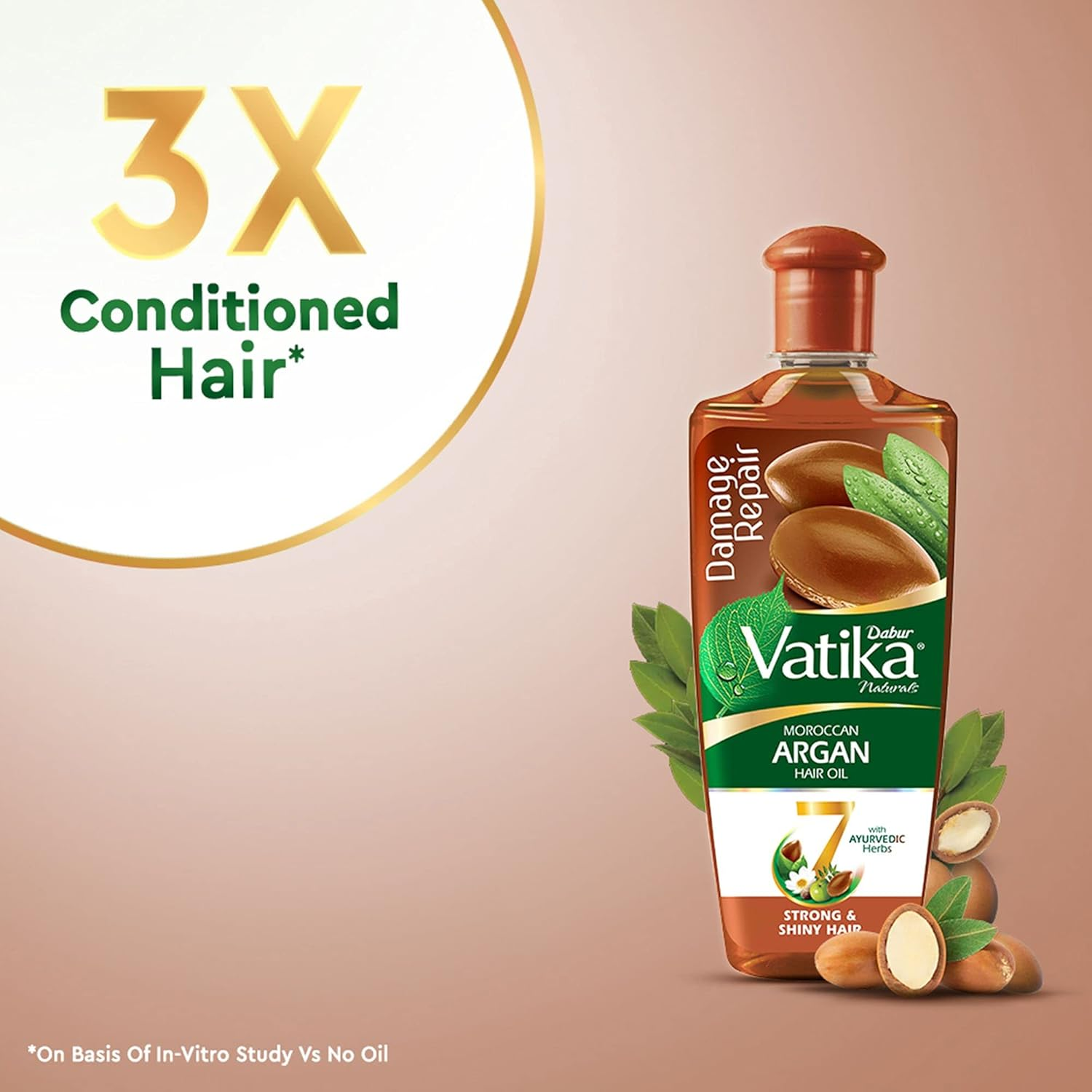 Dabur Vatika Naturals Moroccan Argan Hair Oil with 7 Ayurvedic Herbs, Repairs Damage, Provides Strong and Shiny Hair, 300 Ml