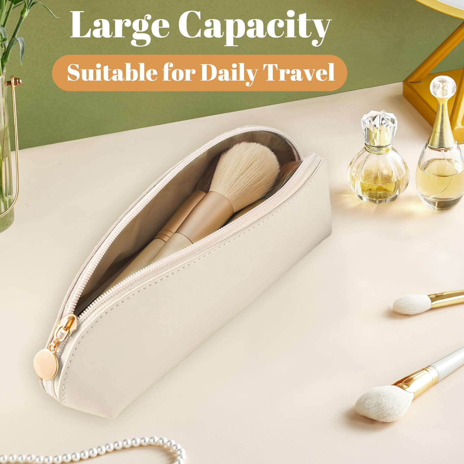 VLYX 3 PCS Makeup Brush Travel Bag Large PU Leather, Waterproof Cosmetic Organizer Zipper Pouch, Portable Anti-Fall Brush Holder for Travel Outdoor Bags image number 6