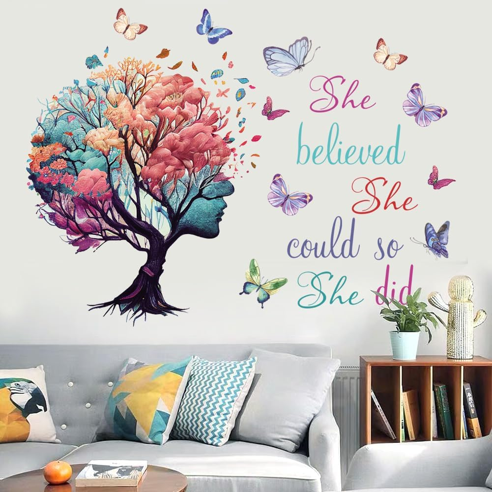 Inspirational Quotes Wall Art - 'She Believed She Could so She Did' Tree & Butterfly Decal Stickers for Women & Girls Bedroom & Living Room Decor image number 2