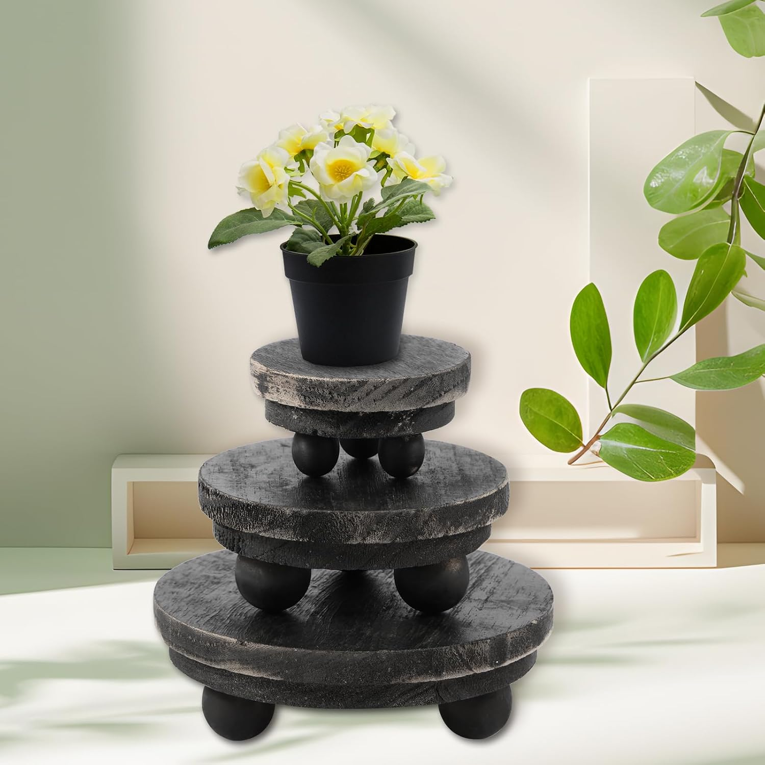 3 Pcs Wood Risers for Decor, Wood Pedestal Stand for Display, round Mini Riser Stand, Tiered Tray Decor Riser, Stackable Wooden Stool Display Stand Flower Pot Holder for Indoor Outdoor (Brown)