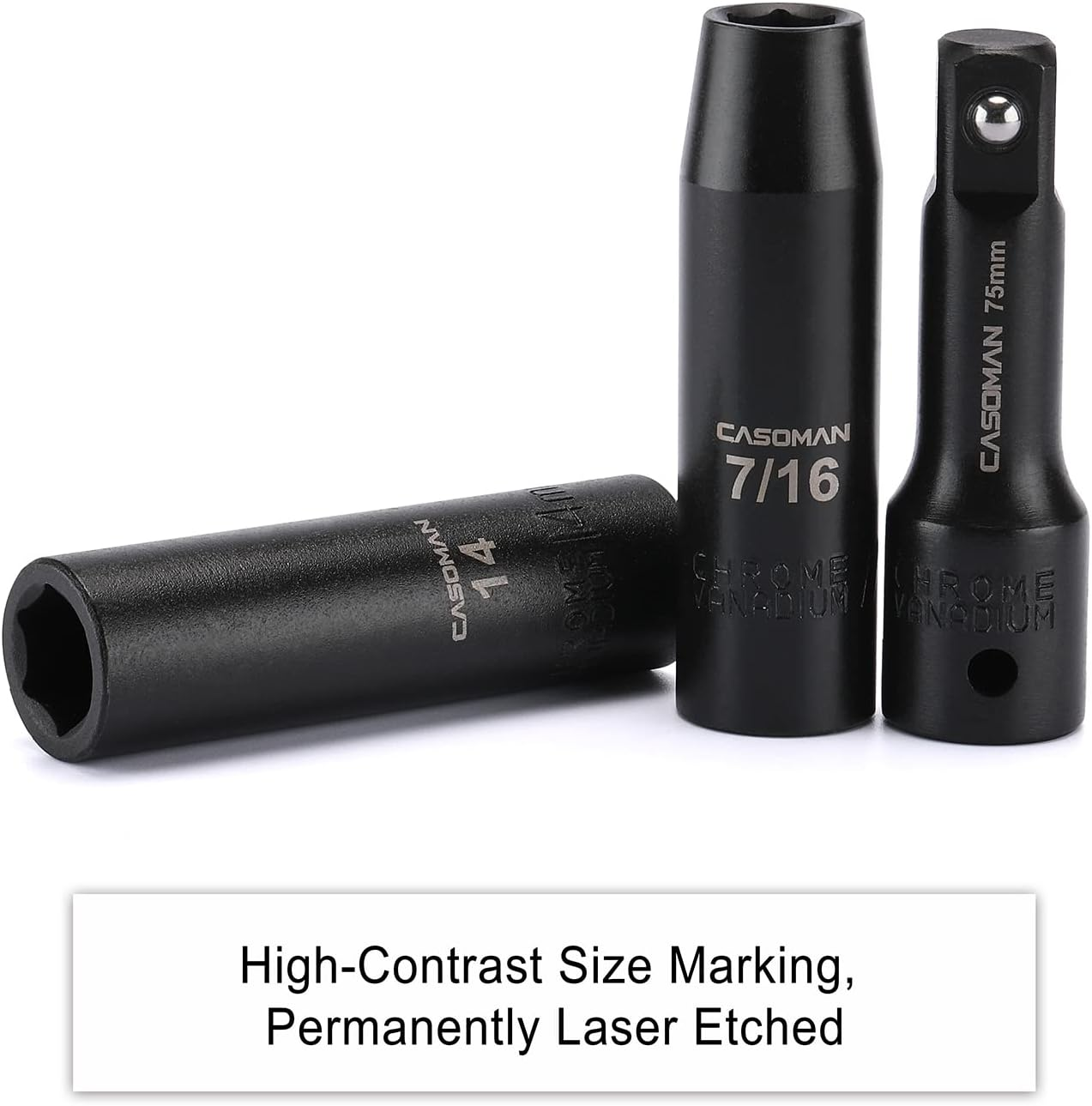 CASOMAN 25PCS 1/2" Drive Impact Socket Set, Deep, Cr-V Steel, 6 Point, Metric&Sae, 12Mm to 24Mm, 3/8 Inch to 1 Inch, Includes Extension Bars: 3-Inch, 5-Inch, 1/2-1/4 Adapter image number 3