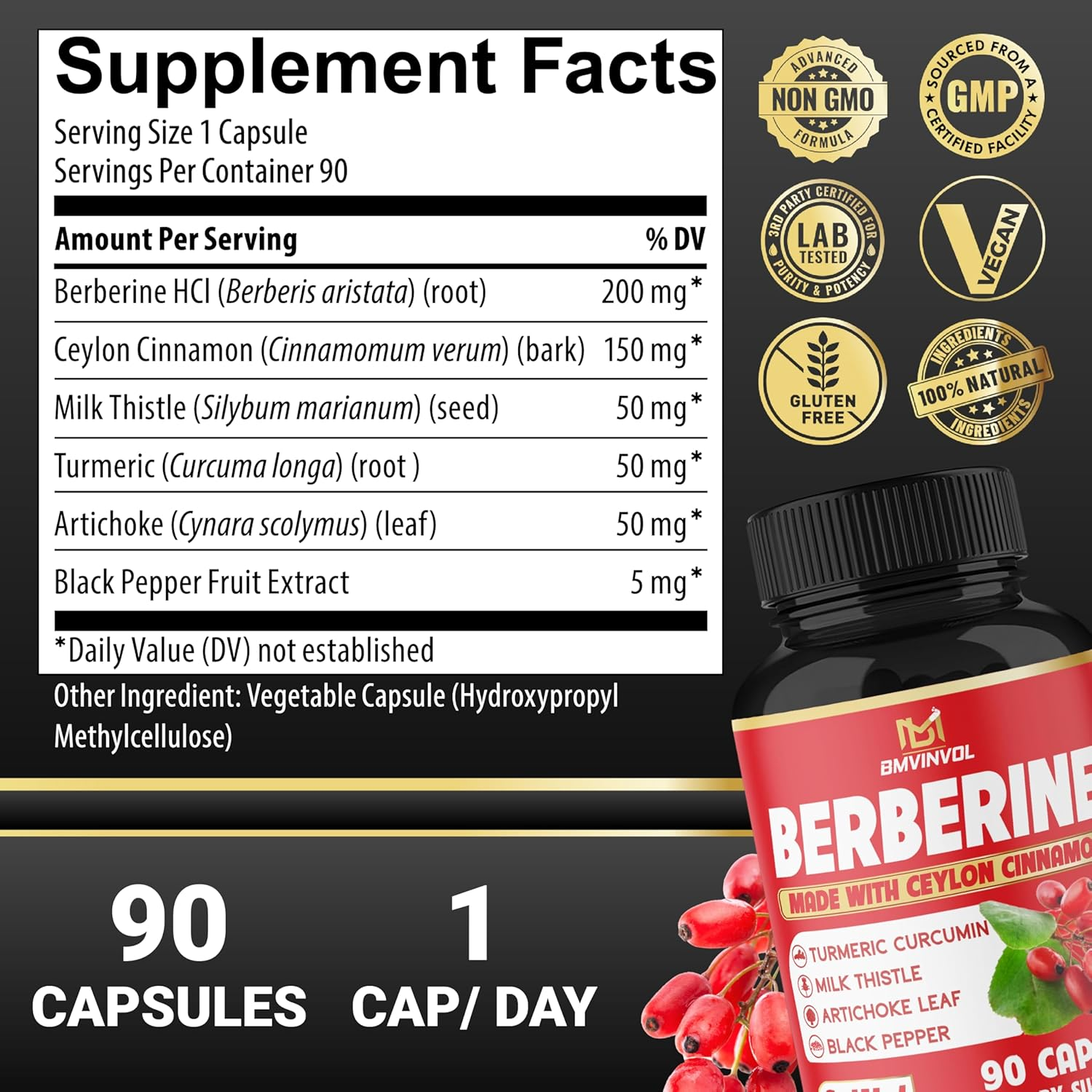 Berberine with Ceylon Cinnamon, Turmeric, Milk Thistle, Artichoke, Black Pepper - 90 Count - Pack of 1 image number 5