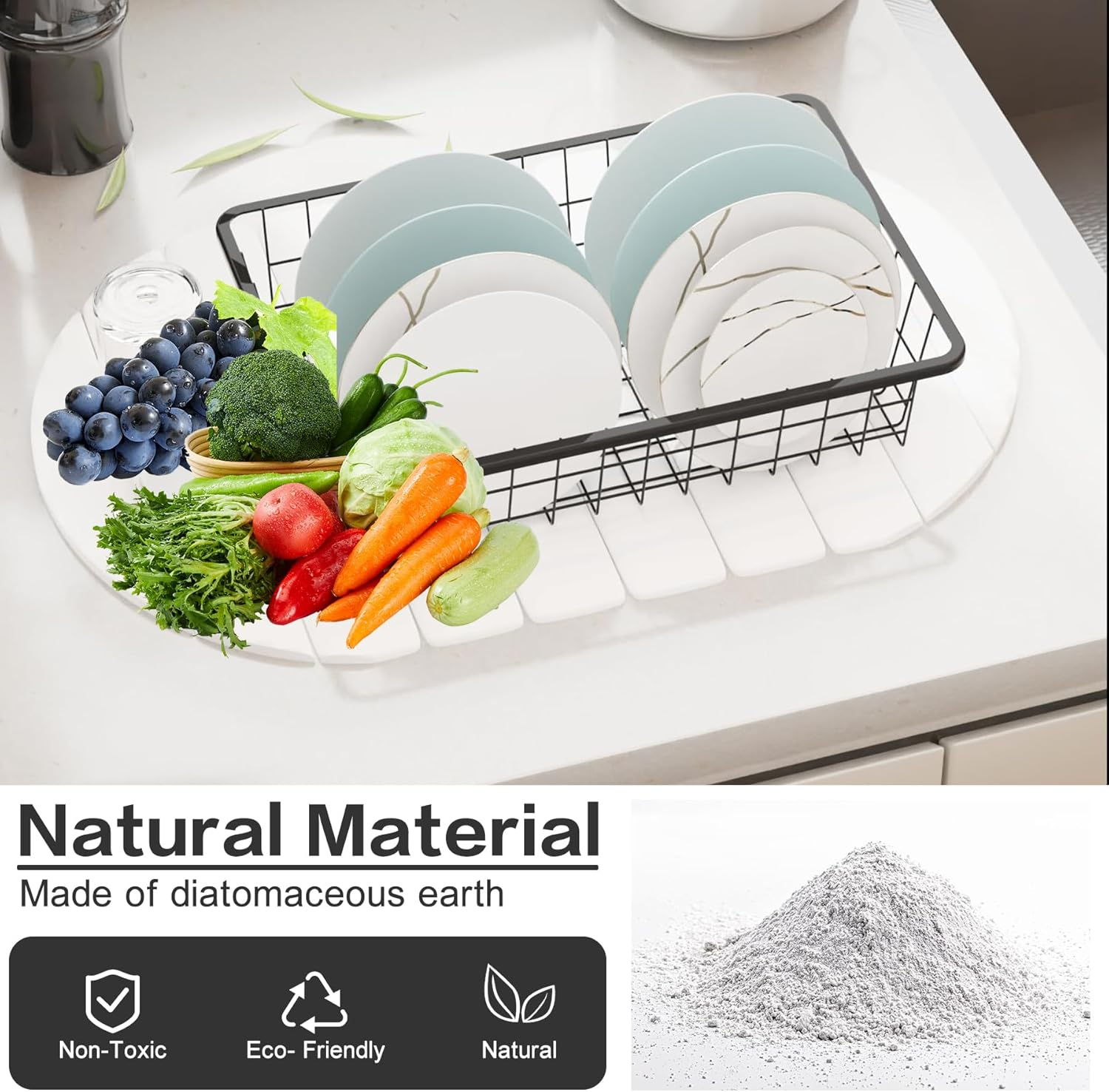 Diatomaceous Earth Dish Drying Mat, Fast Dry Stone Kitchen Counter Pad, Foldable Large Absorbent Dish Drying Stone Mat for Kitchen Dishes Bottles Cups Bathroom Any Countertop (White-Ellipse, 60X39Cm)