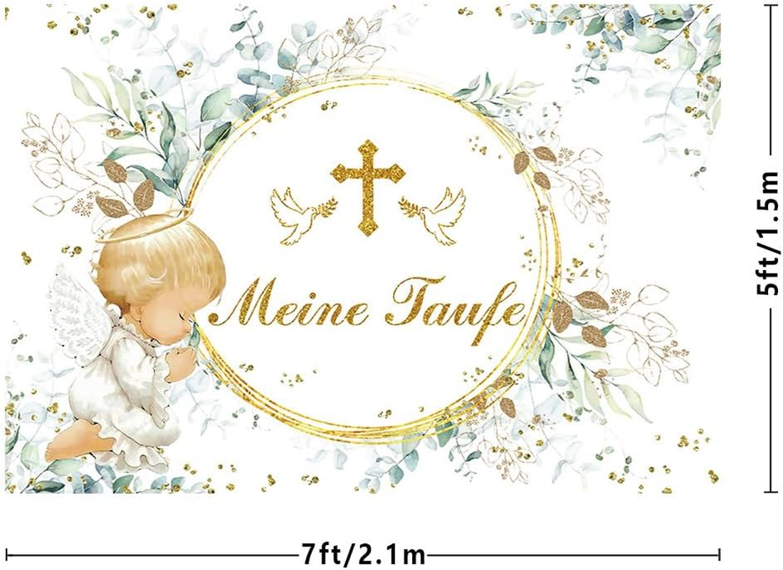 MEHOFOND 2.1 X 1.5 M My Christening Background Baby Angel Eucalyptus Leaves Flowers Background Boys Girls Newborn Baby Shower First Communion Christening Party Banner Photo Props image number 3
