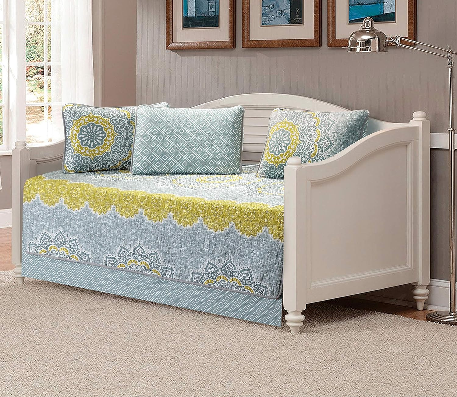 Linen plus Quilted Bedspread Floral Yellow Coastal Plain/Gray Green New, 7Pc Queen image number 1