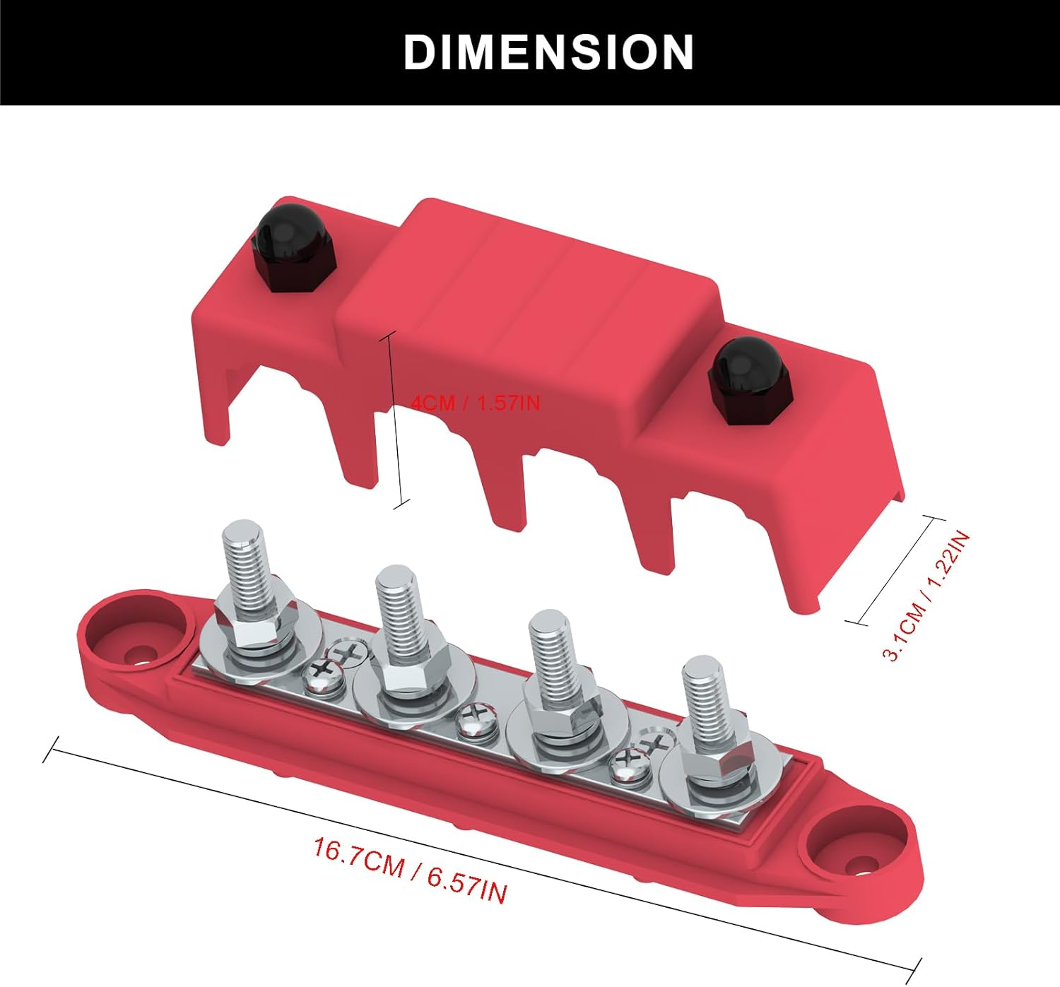 Bus Bar 250A 12V Power Distribution Block with 5/16" (M8) 4-Posts Terminals Block with Cover for Automotive, Marine, Battery System (Black & Red) image number 5