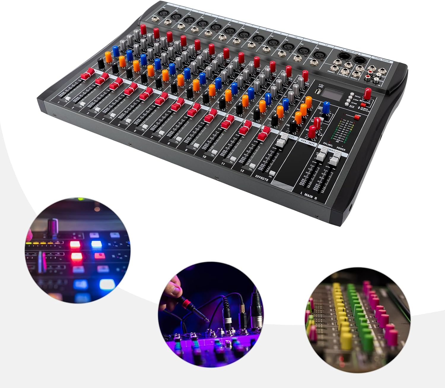 12 Channel DJ Audio Sound Mixer Interface with MP3 USB Bluetooth Stereo Recording, Ultra Slim DJ Sound Controller with LED Light, Sound Board Mixing Console image number 6
