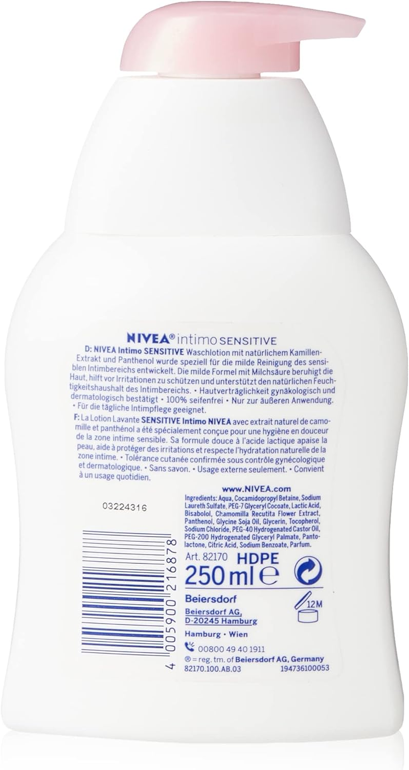 NIVEA Intimo Sensitive Wash Lotion (250 Ml), Intimate Wash Gel with Lactic Acid, Chamomile Extract and Panthenol, Intimate Wash Lotion for Sensitive Skin image number 1