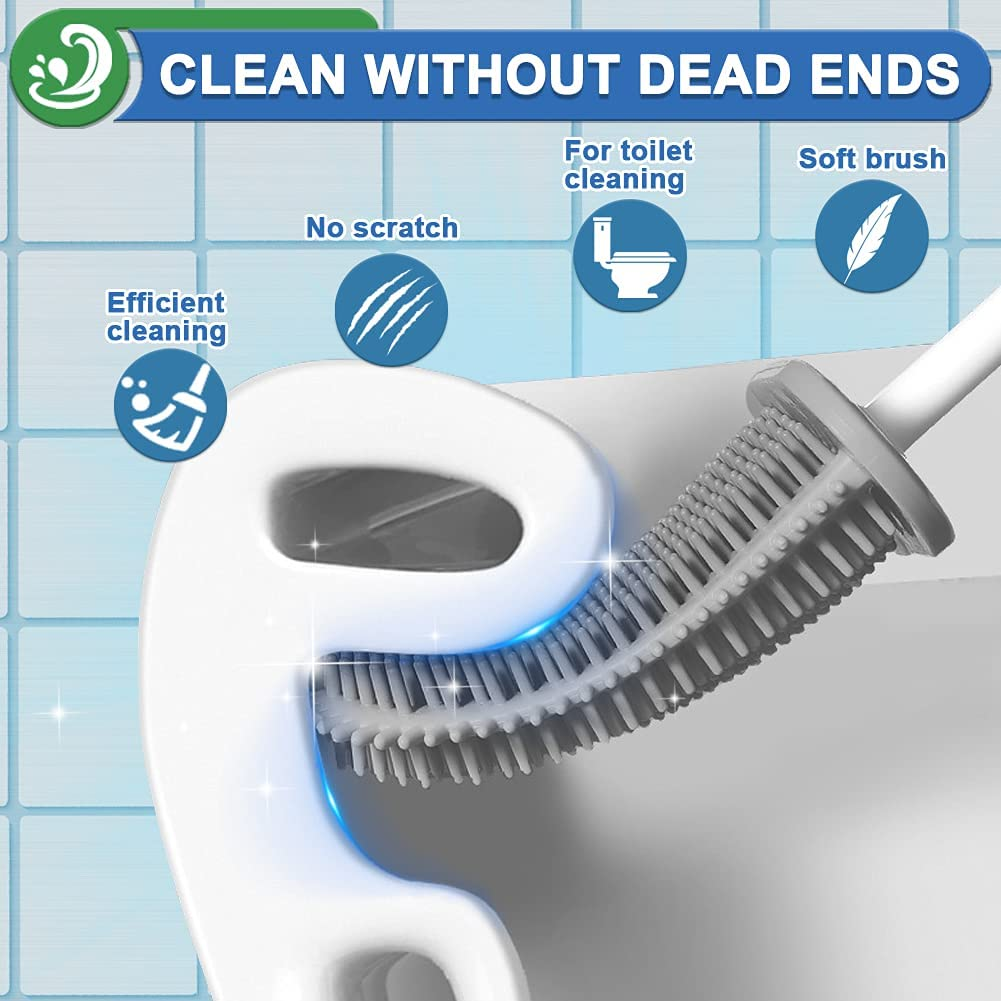 XUXRUS Silicone Toilet Brush with Quick Drying Holder Set -2Pack, Bathroom Toilet Brushes Set with No-Slip Silicone Handle & Anti-Drip Base (Flooring/Wall Mounted) -White image number 6