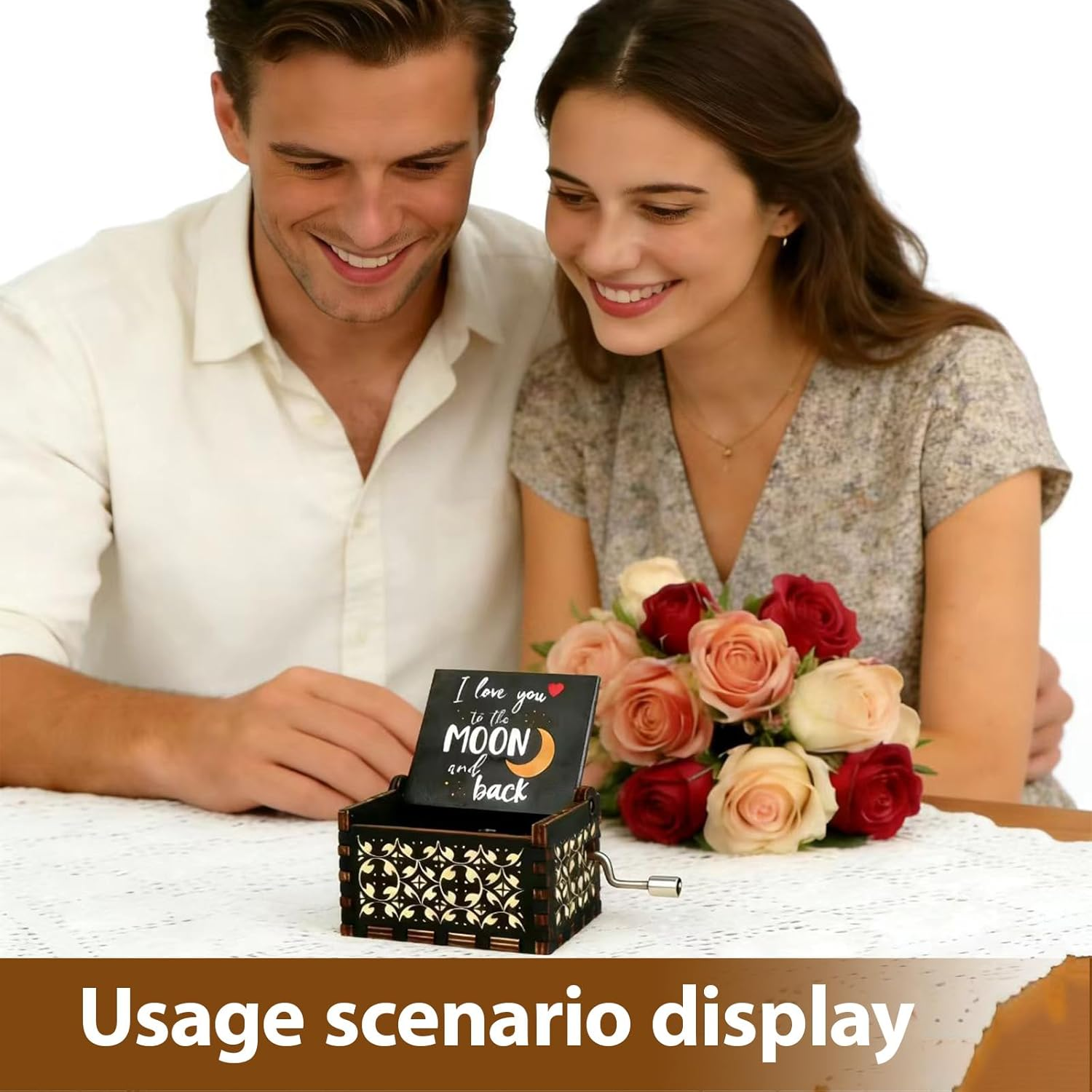 You Are My Sunshine Wooden Hand-Crank Music Box, Vintage Design with &lsquo;I Love You to the Moon and Back&rsquo; Carvings, Wife, Girlfriend, Boyfriend ，Wedding Anniversary, Birthday image number 5