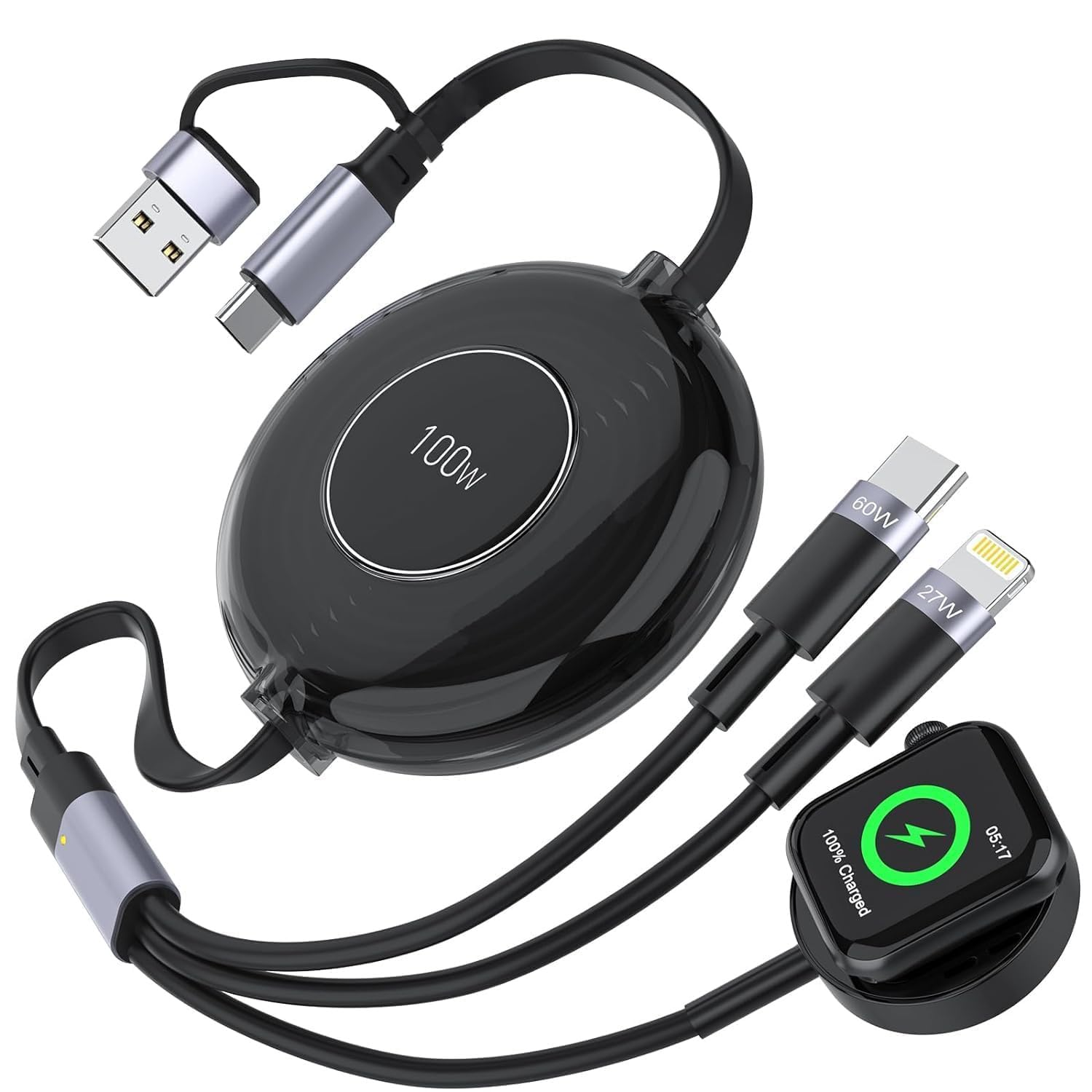 Retractable Multi Charging Cable Compatible with Iwatch/Iphone,Fast Charging 100W 3-In-2 Multiple Charging Cable,Compatible with Iphone 16/15/14/13/12 Iwatch Ultra/Se/9-1/Iphone/Tablets