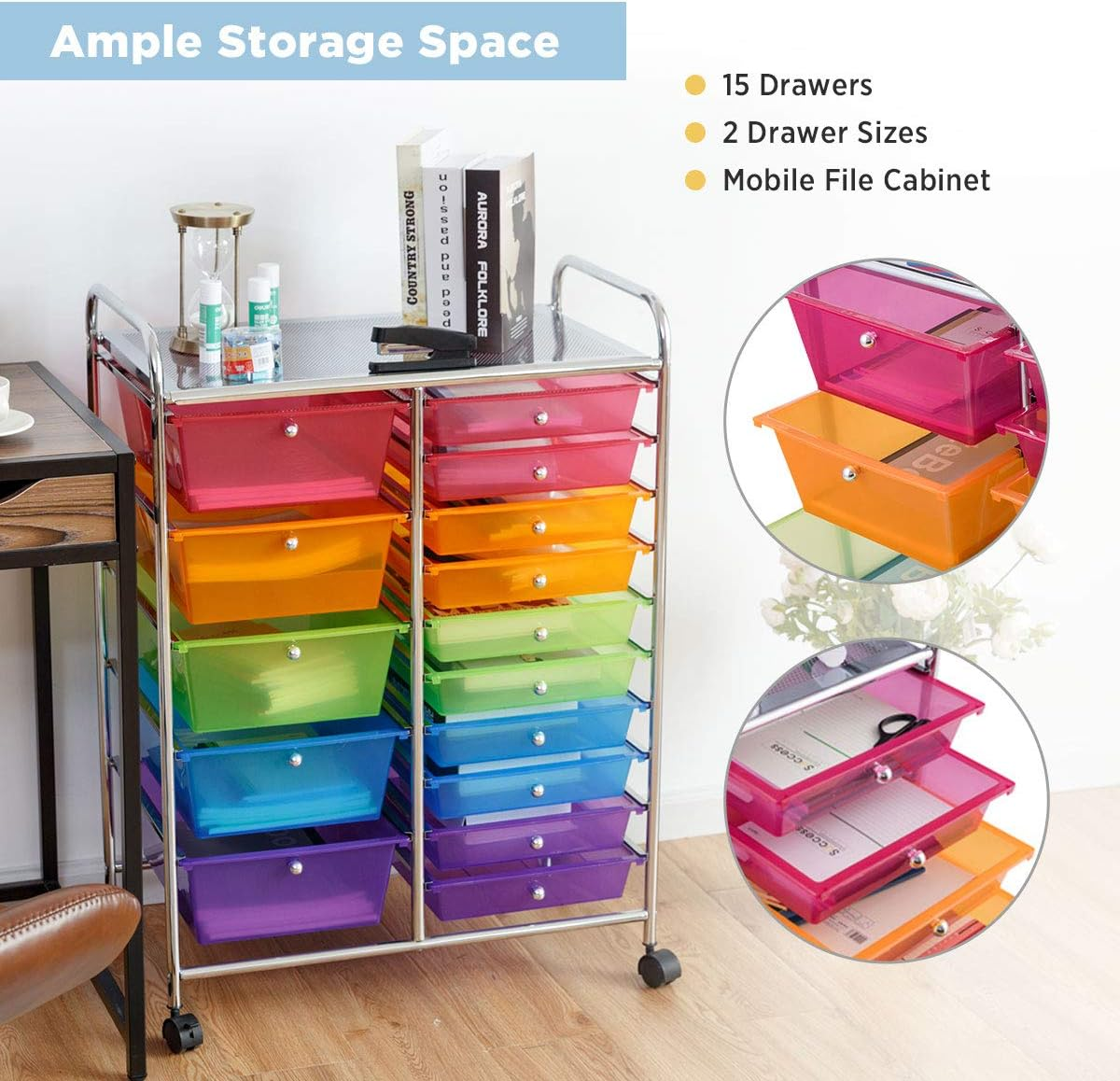 Costway 15-Drawer Rolling Storage Cart, Multi-Color, Steel & Plastic, Ideal for Home, Office, School & Garage image number 4