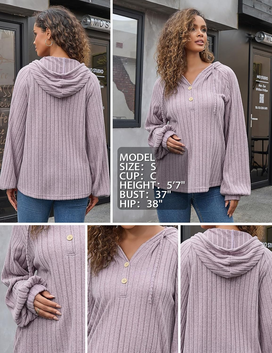 Maternity Oversized Sweatshirts for Women Long Sleeve Rib Knit Button Hoodies Loose Pullover Tops image number 4