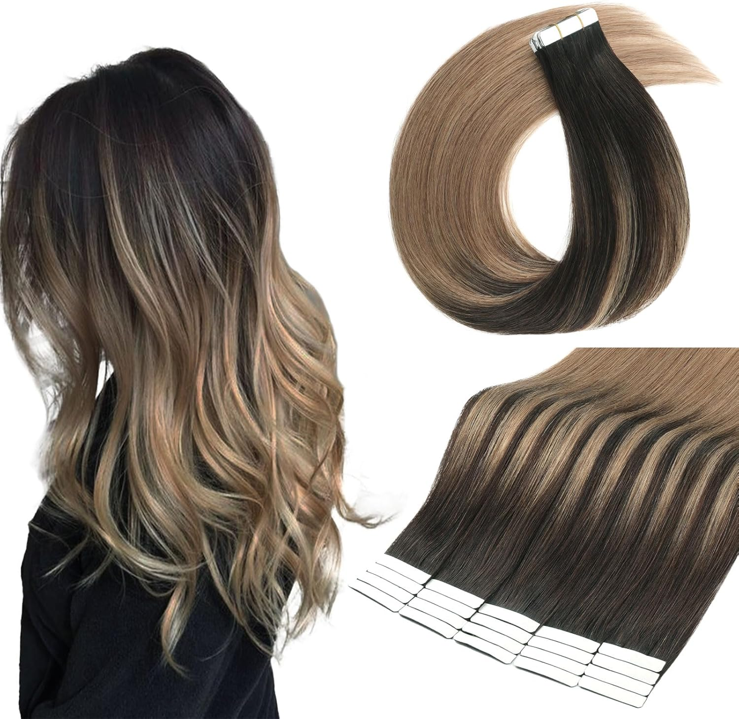 Yuniffe Tape in Hair Extensions Human Hair 40Cm Jet Black Human Hair Extensions Tape Ins 20Pcs 50G Seamless Skin Weft Tape Hair Extensions for Women Semi-Permanent Pre-Taped 16 Inch #1