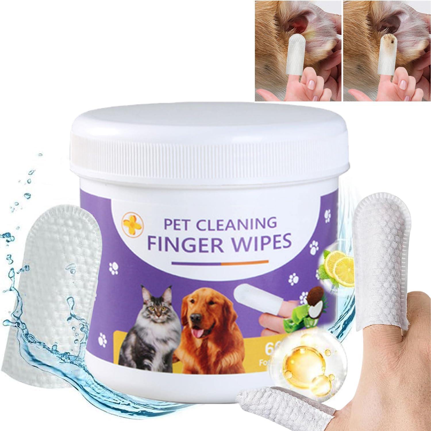 Mumoo Bear 60 Count Ear Teeth Wipes for Dogs and Cats, Pet Ear Cleaner Wipes Pet Dental Care Finger Pads for Fresh Breath & Oral, Soothing Cleansing,Odor Removal,Natural Plant Extracts (Pack of 2) image number 1