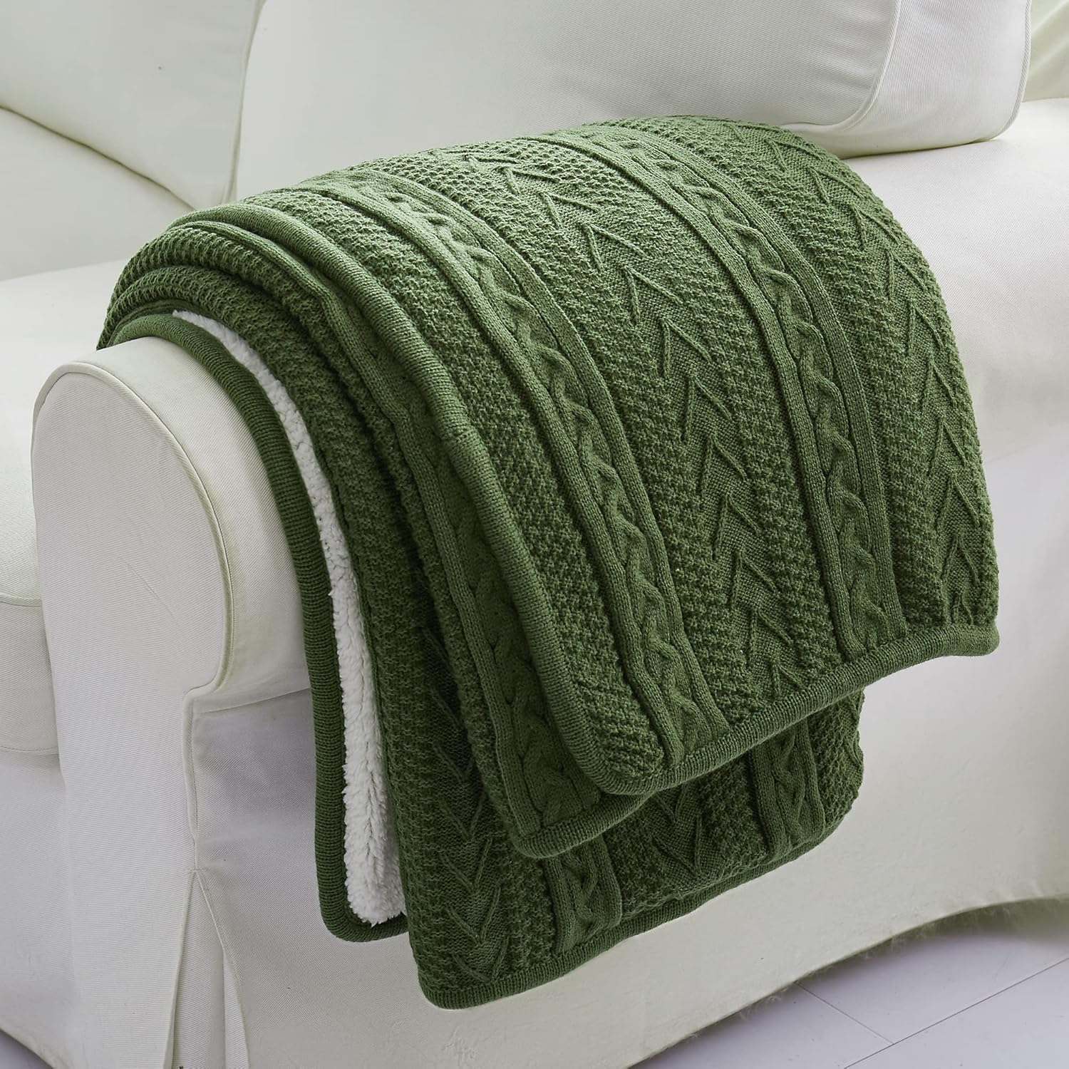 Longhui Bedding Olive Green Acrylic Cable Knit Sherpa Throw Blanket - Thick, Soft, Big, Cozy Knitted Fleece Blankets for Couch, Sofa, Bed - Large 60 X 80 Inches Coverlet All Season image number 5