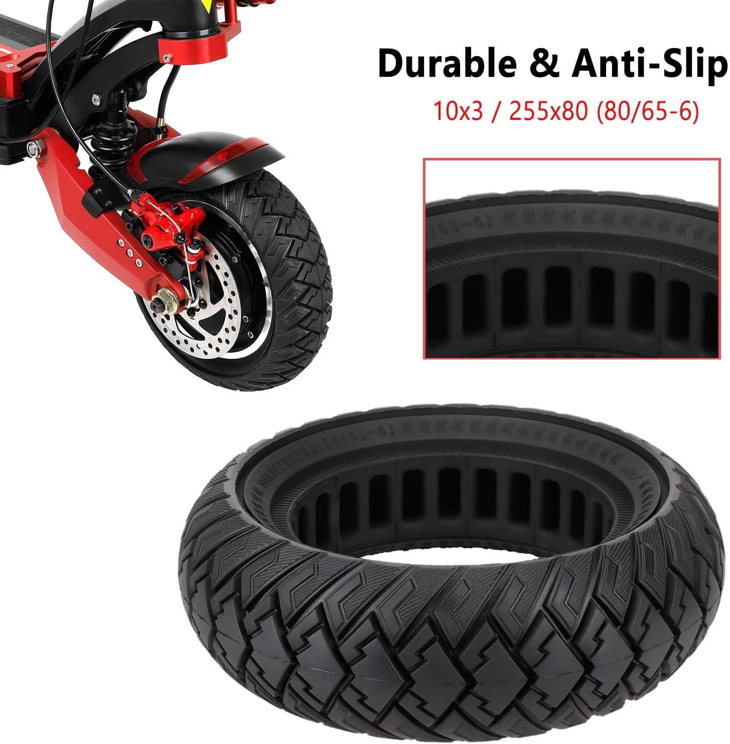 10 Inch Scooter Solid Tyres, Electric Scooter Solid Rubber Tyres 10 X 3/255 X 80 (80/65-6) Replacement Tyres for Zero 10X / Kaabo Wolf Warrior X/MANTIS 10, Front/Rear Scooter Solid Tyres (2 Pieces