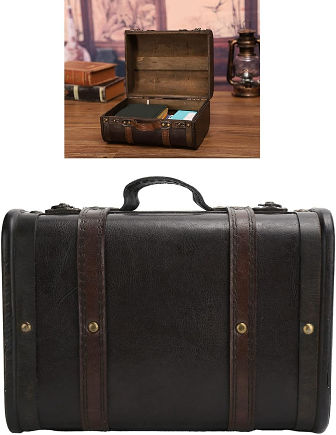 TREETDOBV Retro Suitcase Wooden Storage Box, Large Capacity Doublelayer Design with Firm Handle, Suitable for Studio Decoration, Window Display, Photography Prop Suitcase