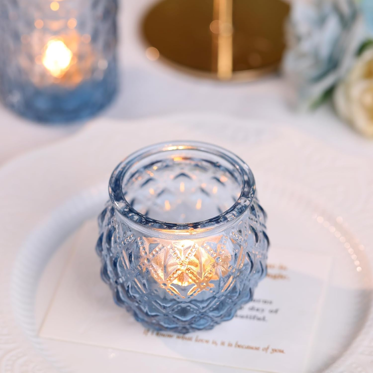 DARJEN Blue Glass Votive Candle Holders Set of 24 - round Tea Lights for Wedding, Shower, Party & Gift image number 7