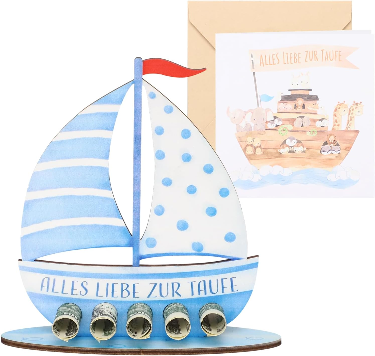 Christening Gifts Boys and Girls, Personal Wooden Sailing Boat as a Christening Gift, with Christening Card, Money Gift Idea, Unique Keepsake for Christening (Pink)
