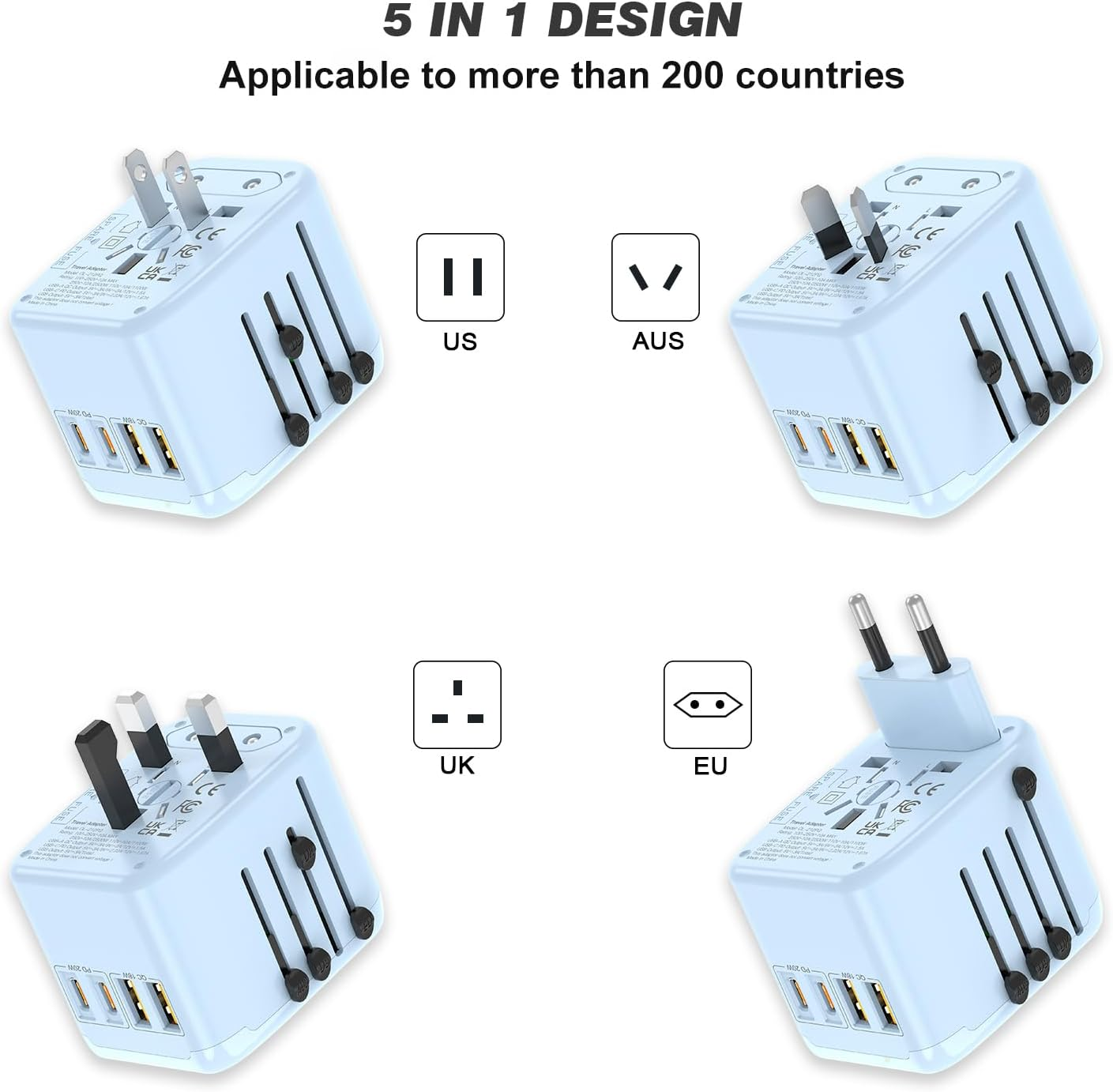 RXSQUL 5 in 1 Universal Travel Adapter, PD20W Fast Charger with 2 USB-C & 2 USB-A Ports for Europe UK US AU Asia - Blue image number 3