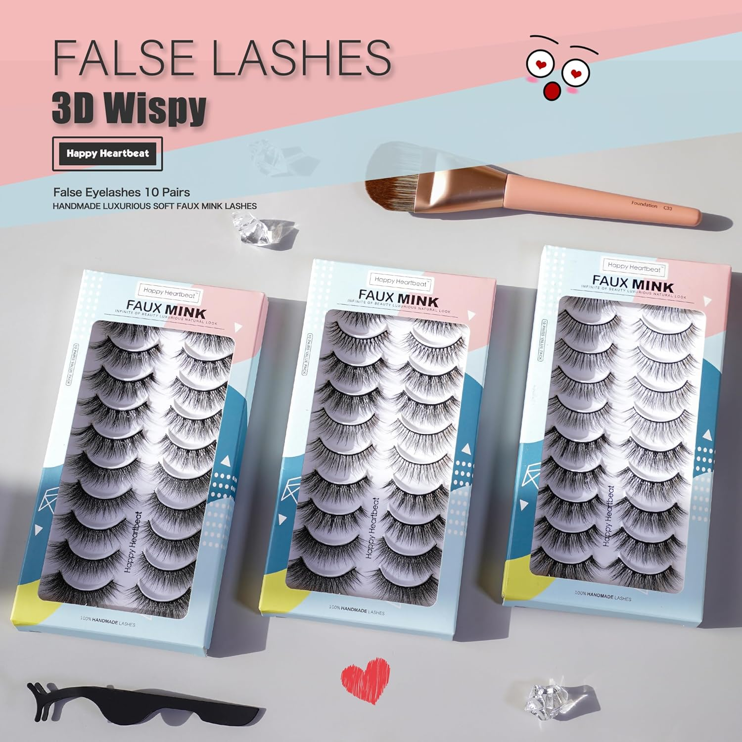 3D False Lashes Wispy Natural Cat Eye Soft Faux Mink Lashes Fluffy Short Reusable Fake Eyelashes 10 Pairs Happy Heartbeat(H2) - H3 image number 3