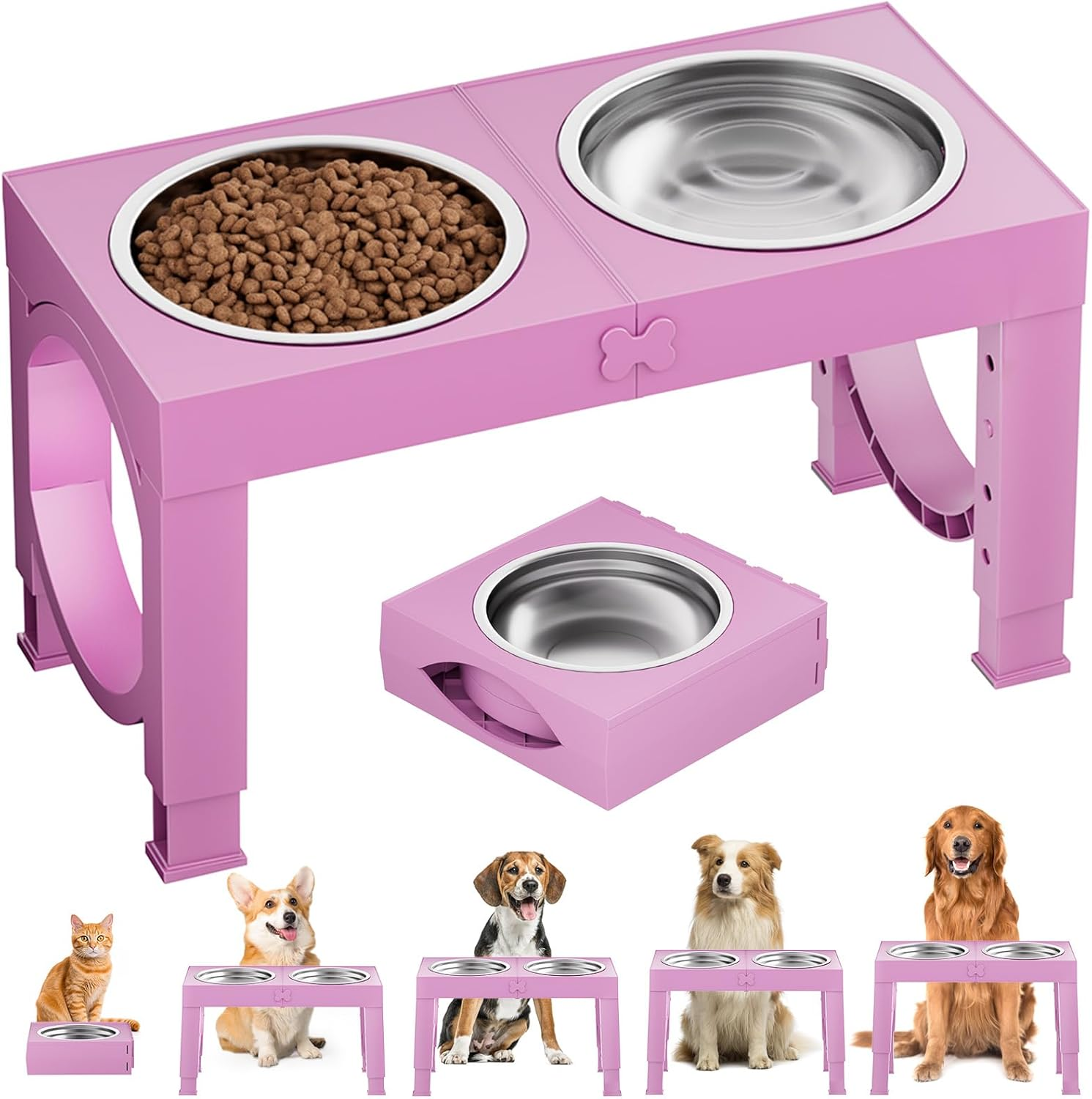 Elevated Dog Bowls for Medium Large Breed Dogs, 4 Height Adjustable Dog Raised Bowls Stand to 9.09", 10.63", 12.20", 13.78", 2 Thick Stainless Steel Dog Food Water Bowls, No Slip Dog Feeder, Pink image number 5