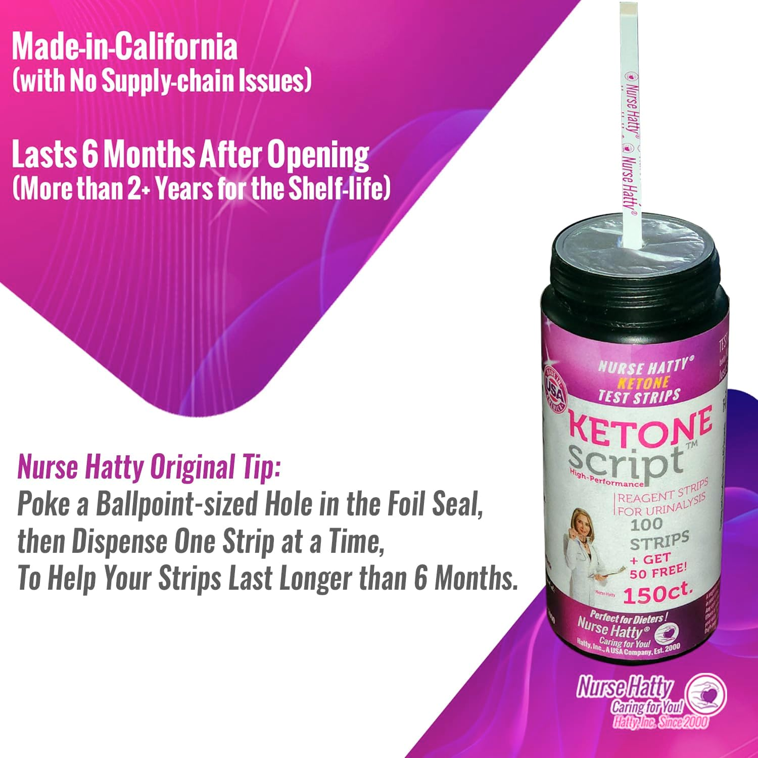 Nurse Hatty - Ketone Strips - Made in U.S.A. - High Performance Keto Test Strips Perfect for Ketogenic, Low Carb, Atkins & Paleo Diets + Free 38Pg. Ebook Education (100Ct. + 50 Free) image number 5