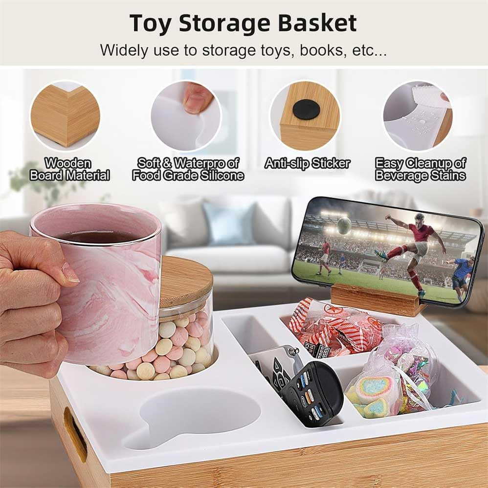 Couch Cup Holder Tray,Bamboo Couch Cup Holder with Soft Silicone, Sofa Storage Tray with Removable Phone Stand,Waterproof Anti-Spill Sofa Cup Holder,Sofa Cup Holder Suitable for Snacks, Drinks.