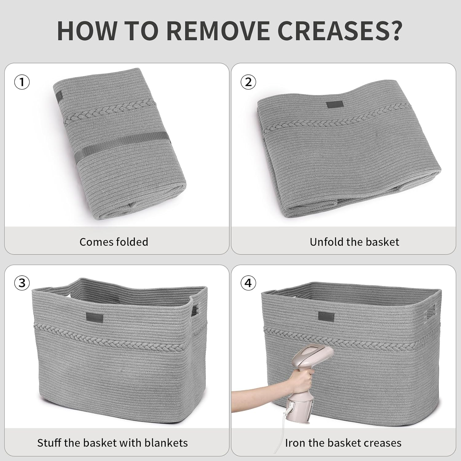 Fortuco 96L Woven Cotton Rope Laundry Basket &ndash; Large Laundry Hamper & Clothes Hamper &ndash; Durable Foldable Dirty Clothes Basket & Clothes Basket for Bedroom, Bathroom & Home Storage (Grey)