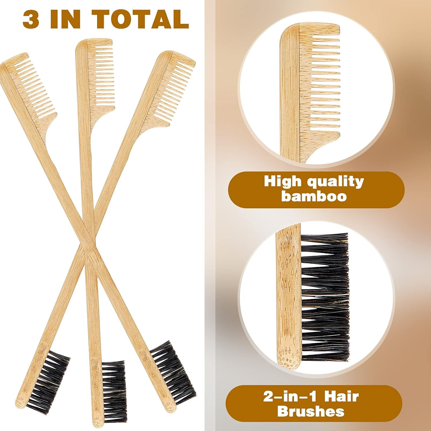 Geiserailie 3 Pieces Moustache Comb and Brush Hair Edge Bamboo Brushes 2-In-1 Edge Mustache Comb Gentle Control Wood Eyebrow Tool image number 2