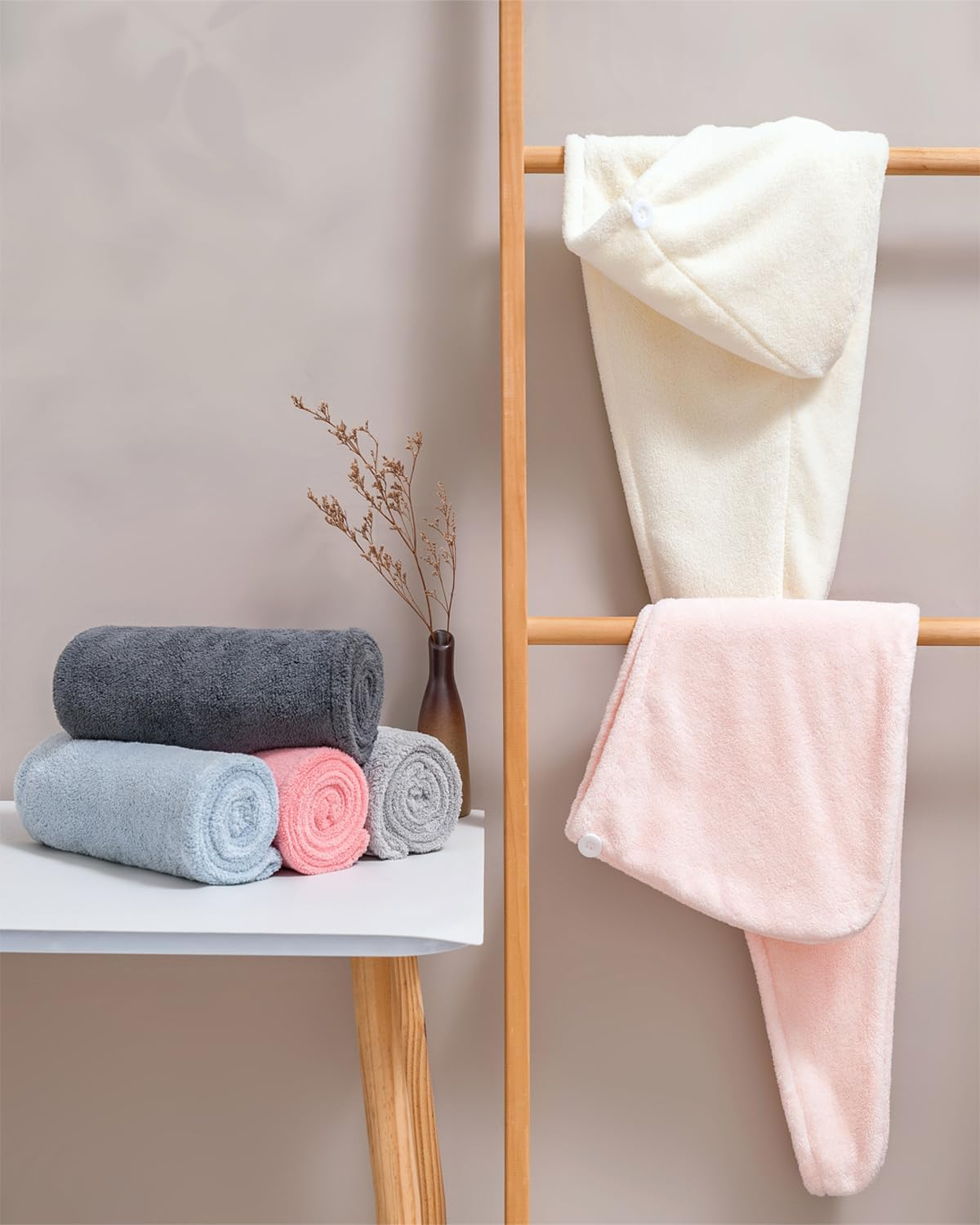 Lumimi 6 Piece Hair Drying Towel Turban Set Beautifully Absorbent Comfortable Soft Light Short Long Hair Wash Light Blue Light Pink White image number 3