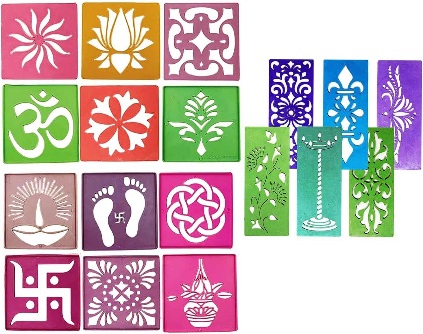 Garden of Arts 12 Different Design Draw Rangoli Making Kit Rangoli Stamp Om Swastik Flower Design Colourful Rangoli Making Stencils & 6 Border Stencils Total 18 Pieces image number 4