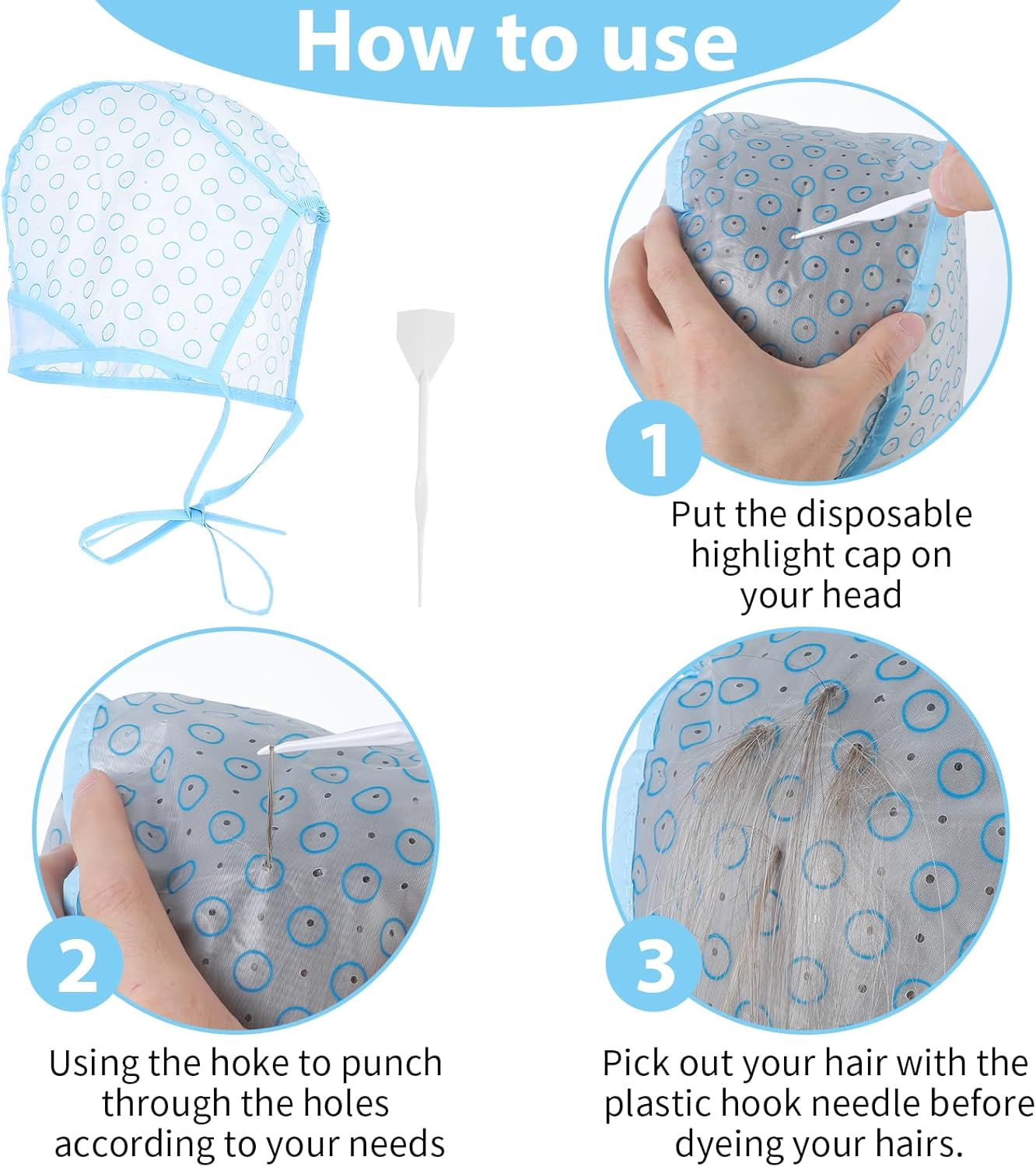 Set of 6 Highlight Hood Set, Adjustable Colouring Highlighting Cap, Hair Highlight Cap with 2 Plastic Hooks, Highlight Hood Hair Dyeing Accessories for Salon Home Use Dyeing Hair Hairdressing Tool