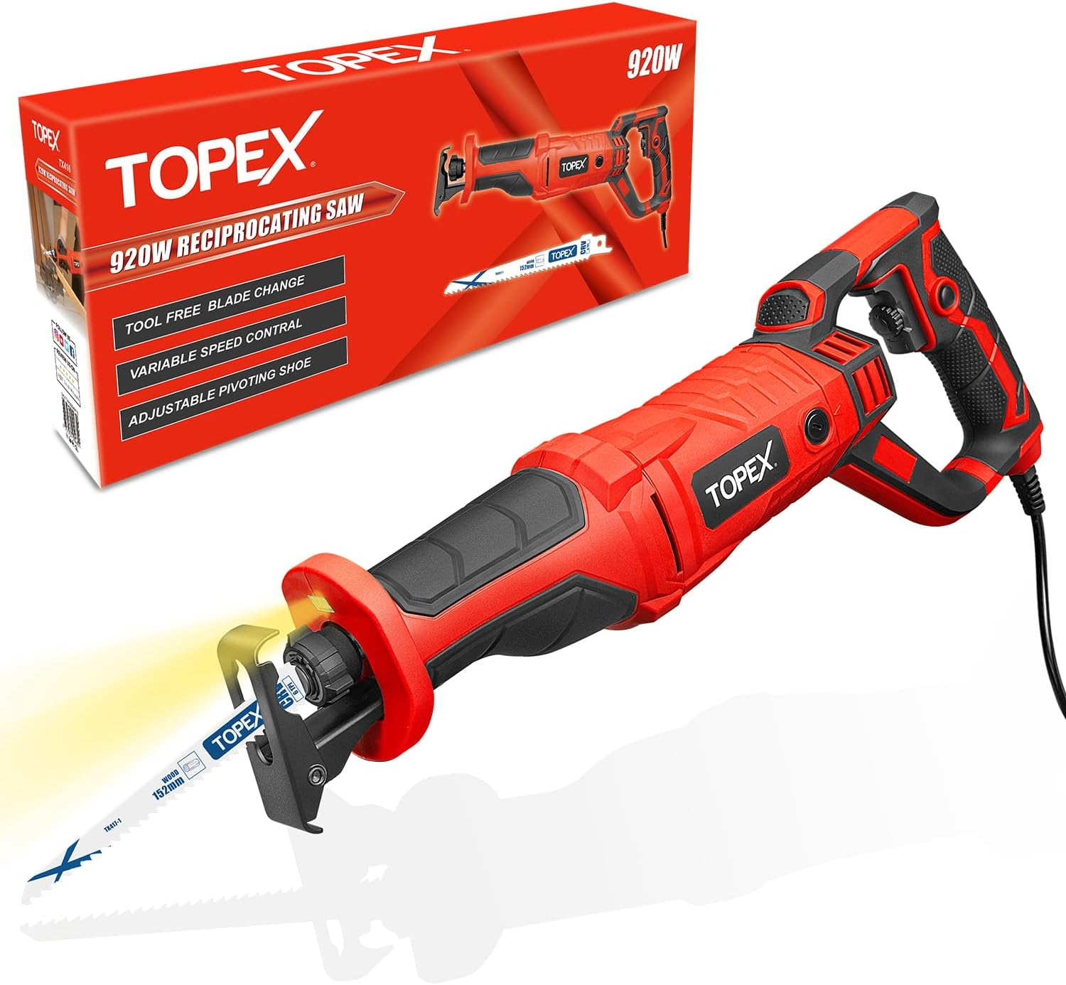 TOPEX Reciprocating Saw, 920W Quickly Cut Depth, 22Mm Stroke Length, Electric Power Cutter Saw Cutting Saw with Sawblade for Cutting Drywall, Wood, Metel, Plastic, Plywood image number 4