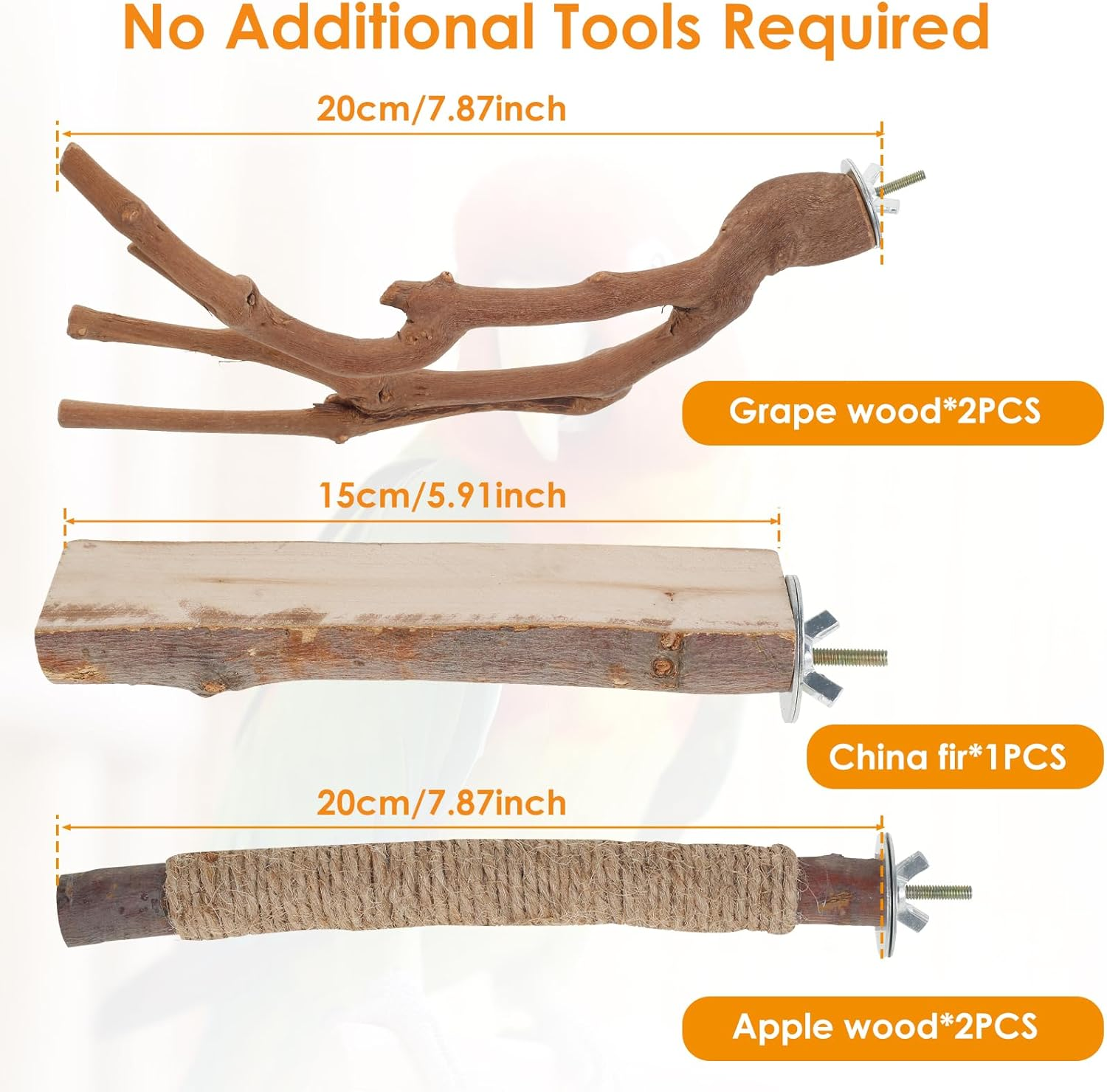 5PCS Bird Perch Stand, Natural Wood Parrot Stand Branch, Multifunctional Parrot Perch Toy Chewing Stick Exercise Training Branches, Practical Bird Cage Accessories for Most Types of Medium Large Birds image number 5