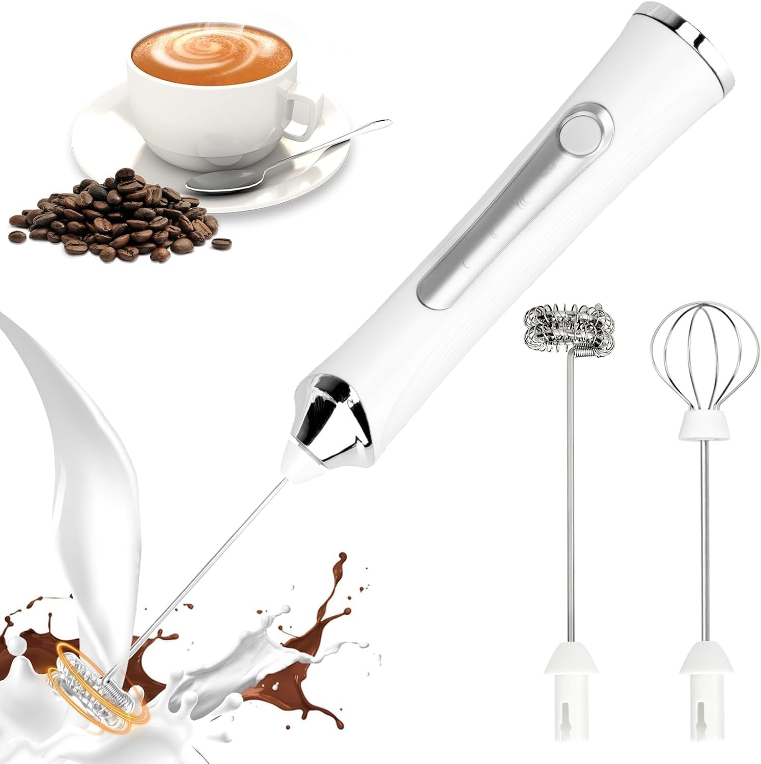 Rechargeable Milk Frother Handheld Foam Maker with 2 Stainless Whisk for Coffee, Cappuccino, Latte, Keto Diet, Protein Powder, Matcha, and Protein Shakes, Black (White) image number 1