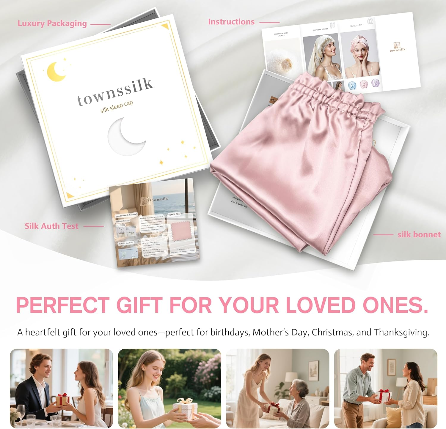 Townssilk Silk Bonnet for Sleeping, 100% 22 Momme Mulberry Silk for Women, Luxurious, Breathable, Sits Secure Overnight & Pressure Free, Ideal for Long & Curly Hair - Dustypink 58Cm image number 4