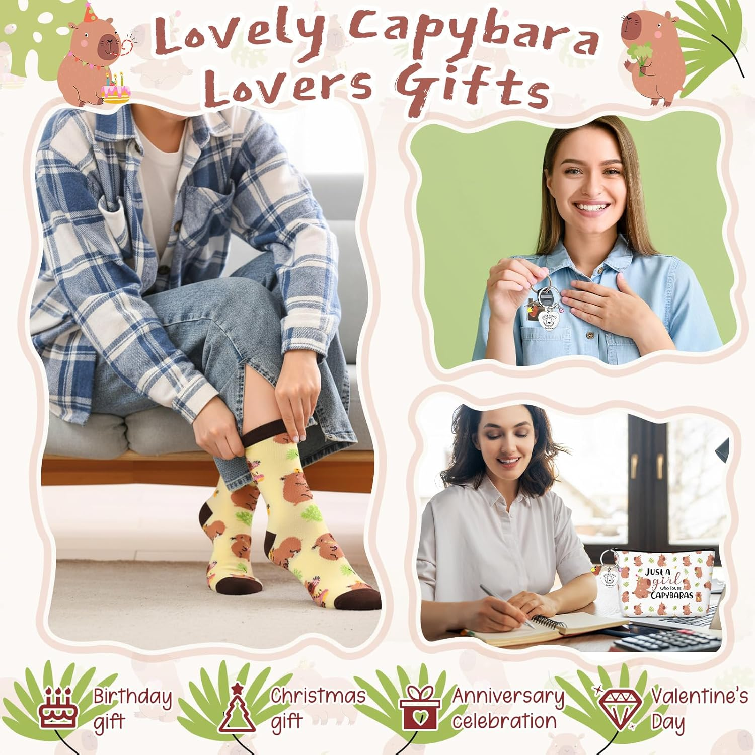 Xuniea 3 Pcs Capybara Gift Set Just a Girl Who Loves Capybaras Makeup Pouch, Keychain, Socks, Cute Capybara Themed, Pet Lover Present, Birthday, Christmas Animal Theme Gift for Friends, Family, Colle image number 1